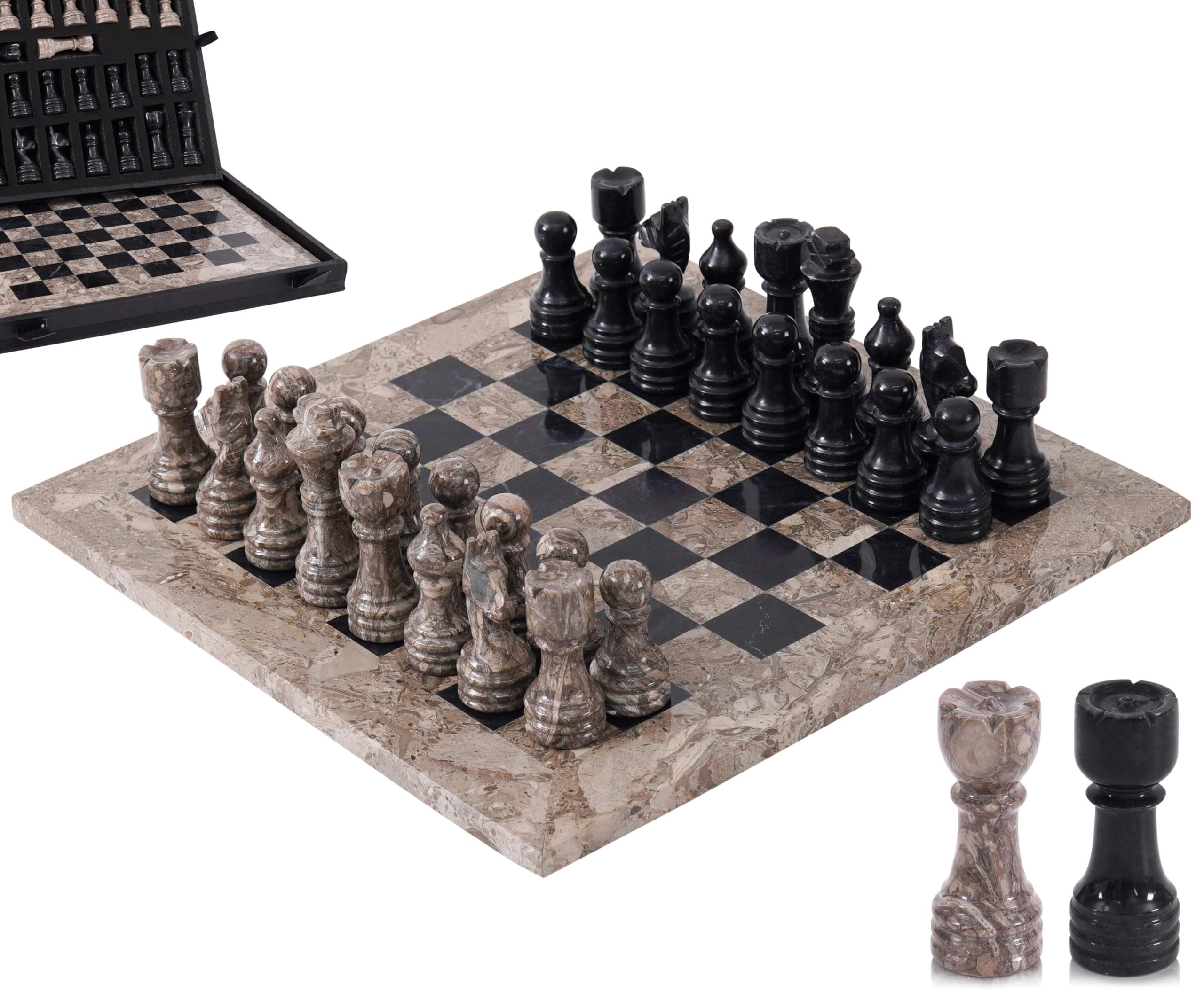 Marble Chess Set for Adults 12" Handmade Oceanic & Black Board Game with 32 Chess Pieces, 2 Extra Queens & Storage Box, Luxury Travel Game, Elegant Gift for Home Decor