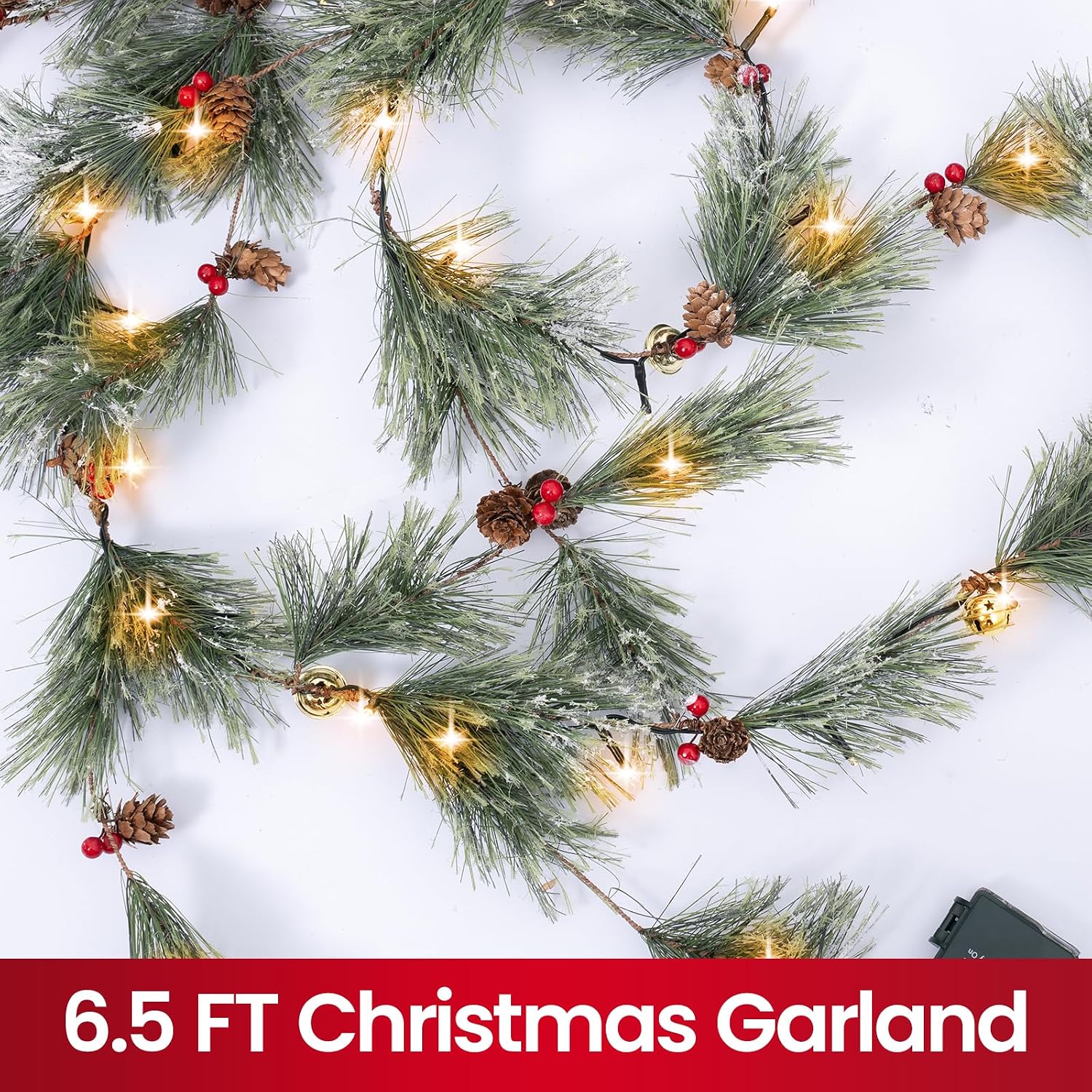 6.5FT Christmas Garland with Lights & Timer, 30 Led Prelit Lighted Cedar Garlands Decorations for Mantle - 8 Lights Modes Garland for Front Door Staircase Window Table Fireplace Kitchen Doorway Decor
