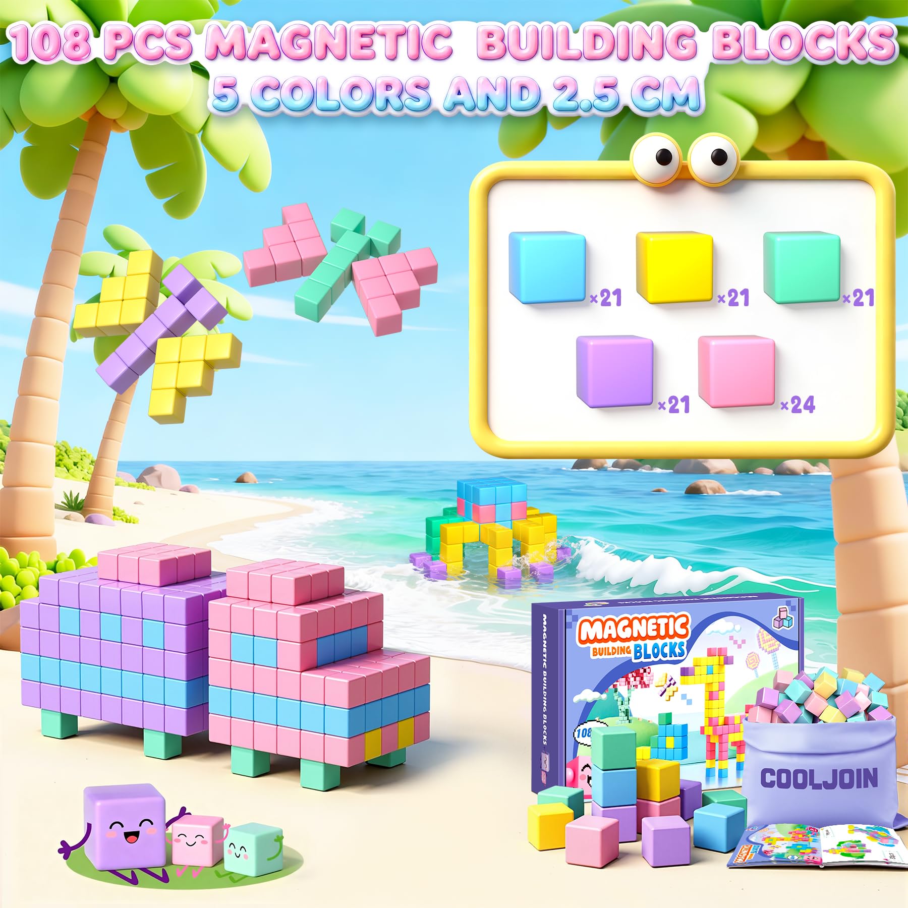 Bloques Magneticos Construccion Niños, Regalos Niñas 3 4 5 6 7 8 9 10 Años,108 Piezas Juego de Juguetes de Viaje de Bloques Magnéticos,Juguetes Niños 3 Años,Juguete Creativo Montessori