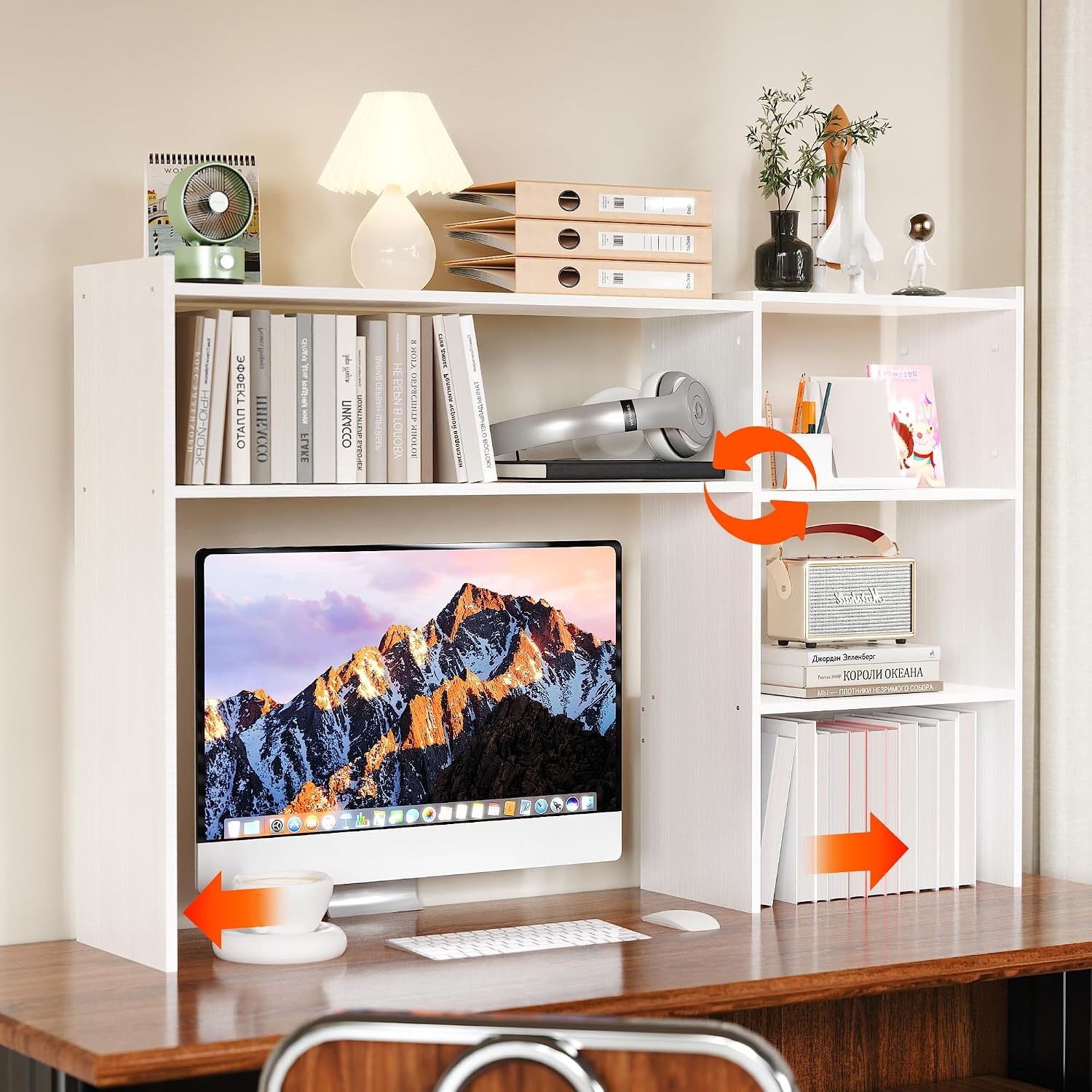 Aetheris Desktop Bookshelf, 43”Adjustable Office Desktop Organizer Shelf, Countertop Storage Hutch with 4 Shelves for Computer Desk, Adjustable Desk Hutch, Wooden Desktop Bookcase for Dorm Office Home