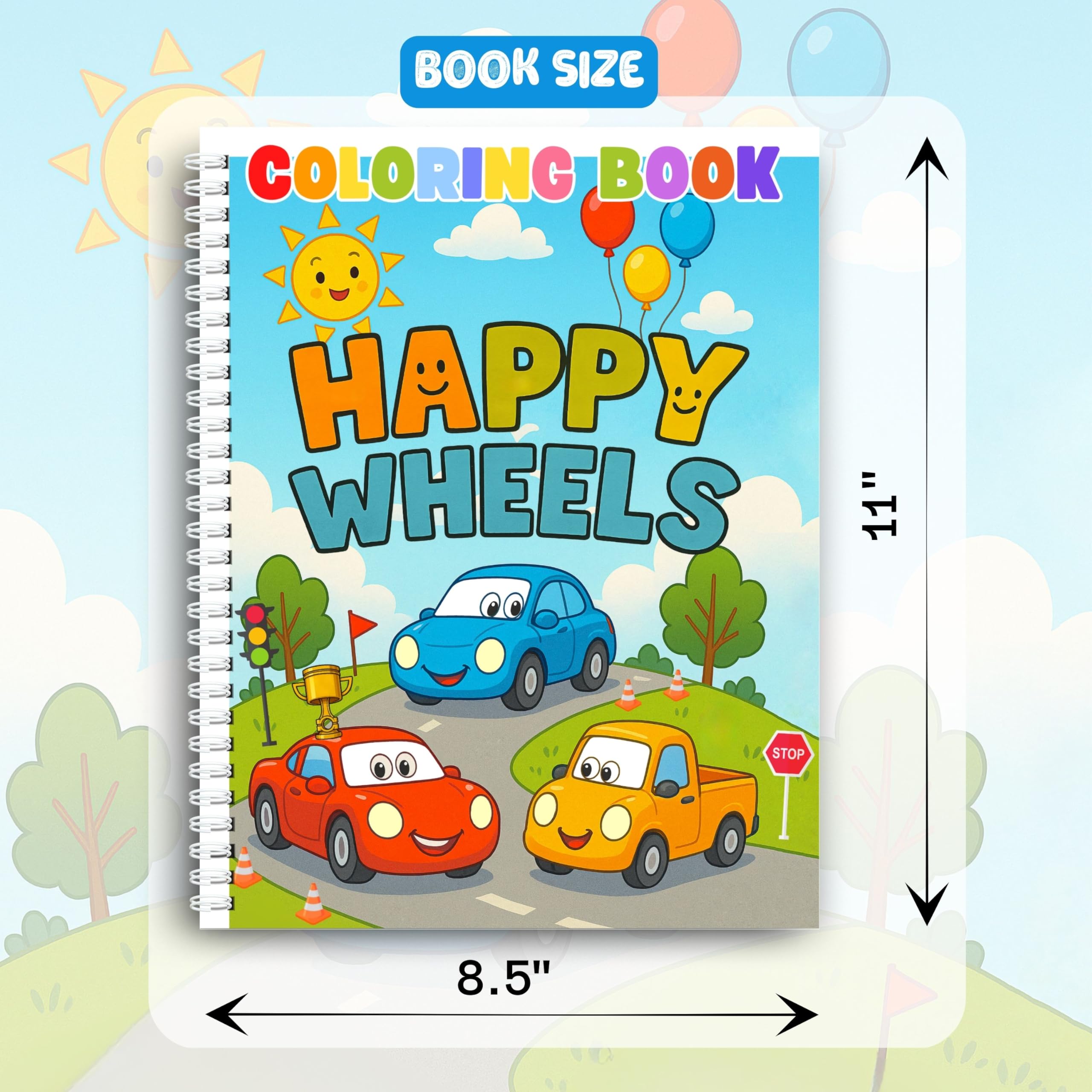 Libro da colorare - Happy Wheels: divertenti avventure di veicoli per bambini - Rilegato a spirale, perfetto per ragazzi e ragazze. Caratteristiche auto, camion, autobus e altro su strade stravaganti