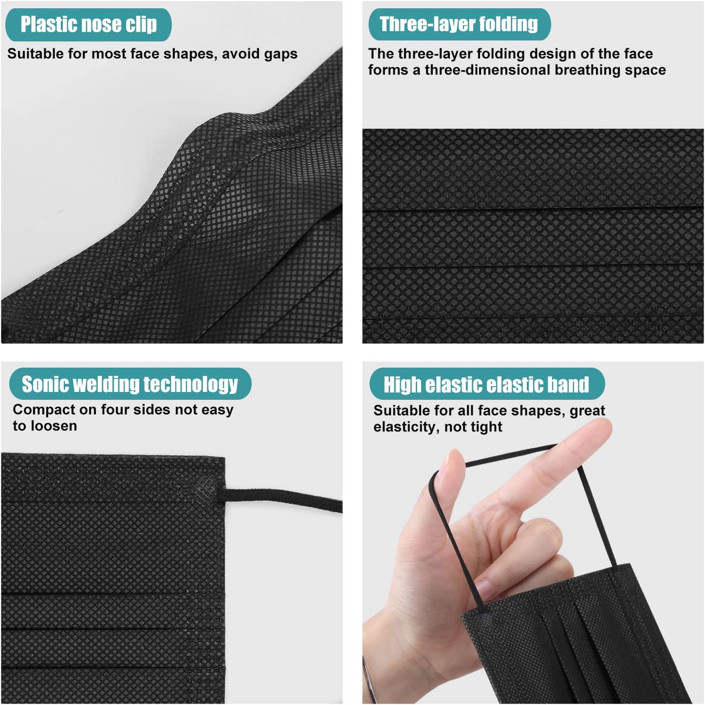 Kids Face Mask Disposable - 50 Pack Filter Mask 3-Ply Breathable Soft Safety Masks with Elastic Ear Loops for Dust Air Pollution Protection Children Girl Boy School Daily Use 5-15 Years Old - [Black]