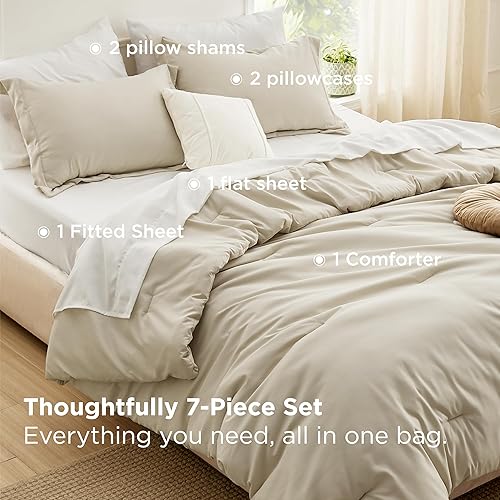 Miniatura 7 de Bedsure Juego de edredón tamaño Queen, color beige, edredón suave de 7 piezas para cama de tamaño Queen con sábanas, fundas de almohada y fundas,