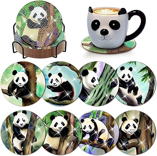 Cumule Juego de 8 posavasos de pintura de diamante de panda con soporte, posavasos de diamante con bases de corcho para adultos, suministros de