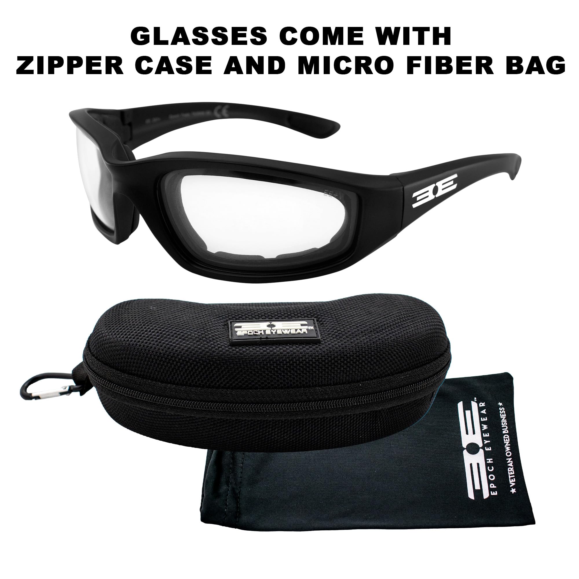 Epoch Eyewear Motocyklowe wyściełane fotochromowe okulary przeciwsłoneczne, czarna ramka z przezroczystymi do bardzo ciemnymi soczewkami, przezroczyste do bardzo ciemnego dymu, dla dorosłych