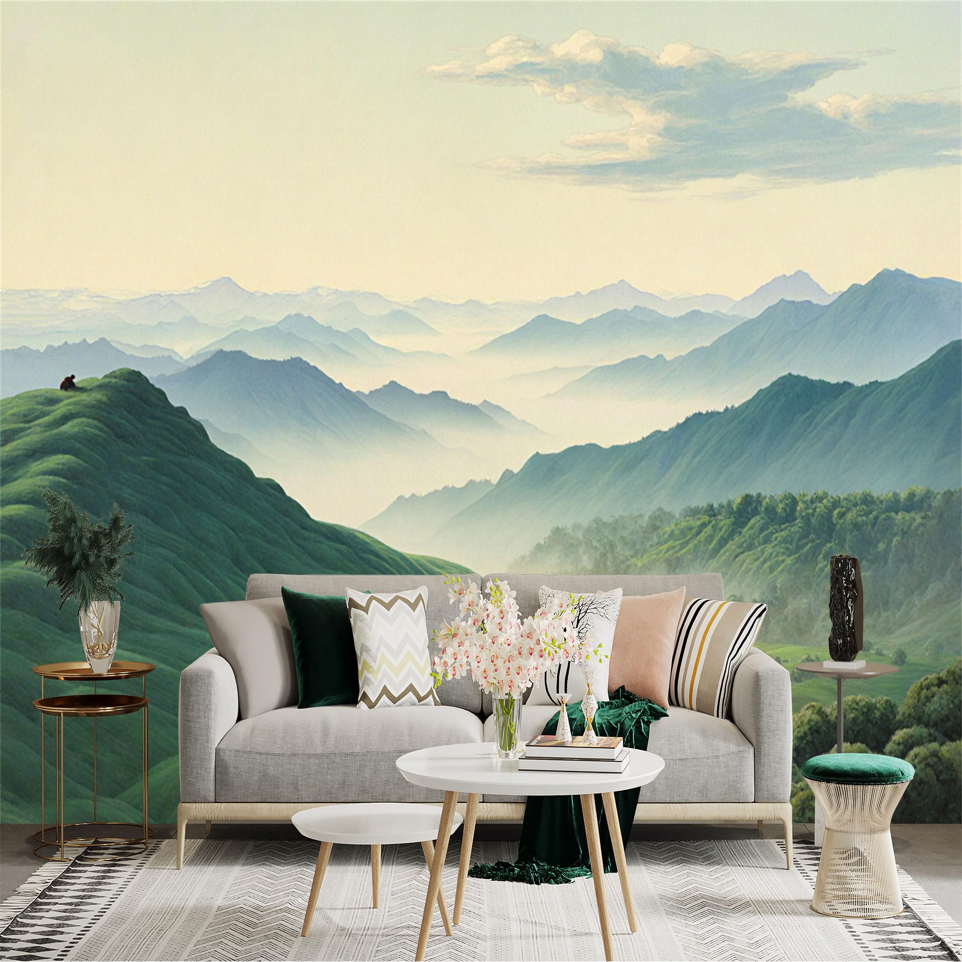 Lnzczhyre Xc260505415 Custom Size Wall Sticker Mural， Rolling Green Hills， Misty Mountain Landscape， Serene Nature Scenery， Morning Valley View， For Wall Decoration， Peelandstick Wall Decals.