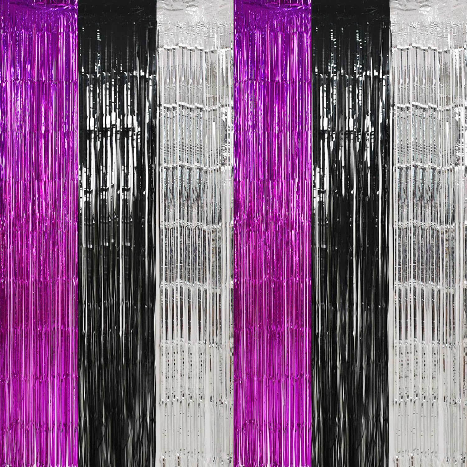 TONIFUL 2 Pcs Black Silver Hot Pink Metallic Foil Fringe Curtains Streamers