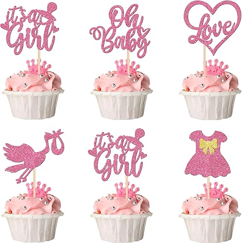 30 piezas de decoración para cupcakes "It's a Girl" para cupcakes "It's a Girl", con lazo con purpurina, para decoración de tartas de corazón,