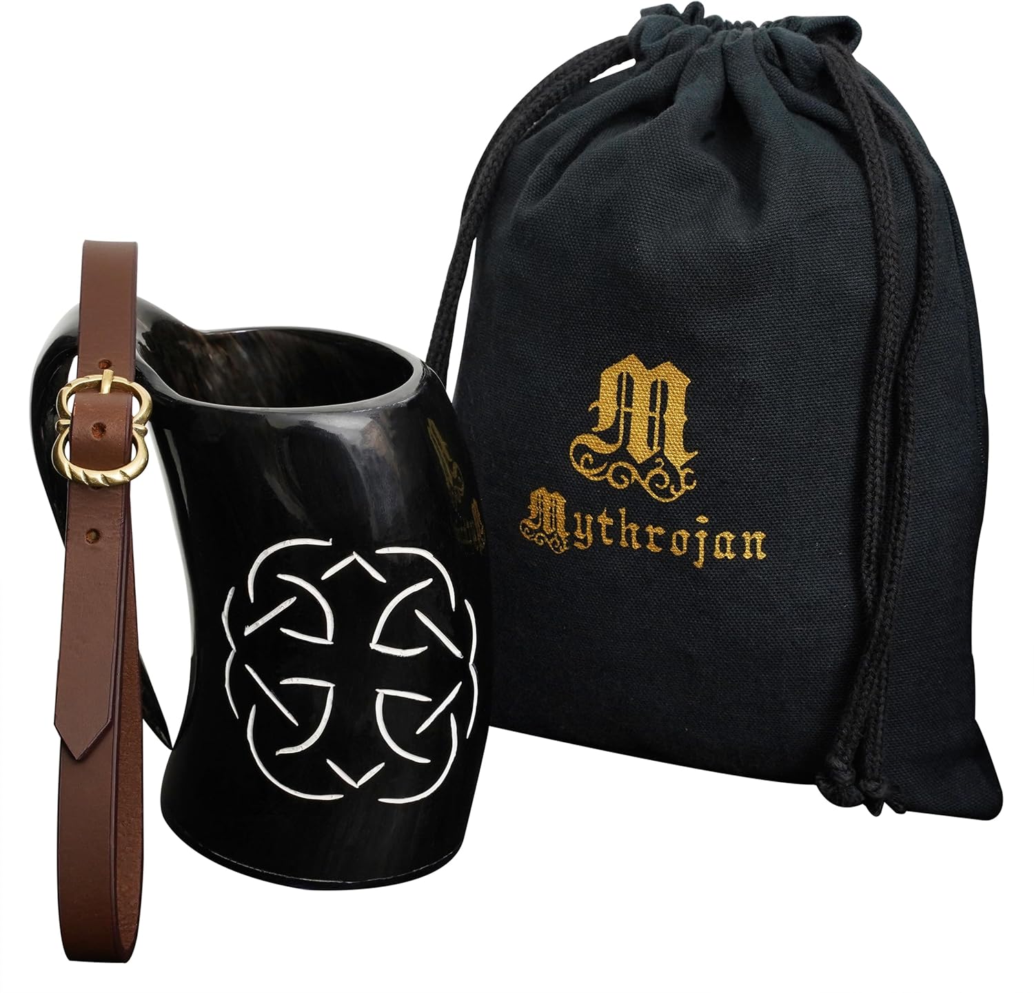 Mythorjan Viking Drinking Horn Mug 100% Natural Ox Horn Tankard Cup with Leather Holster & Canvas Bag Cool Unique Gifts Medieval Home Decor Accessories Viking Mug - 20 Oz / 600 ML