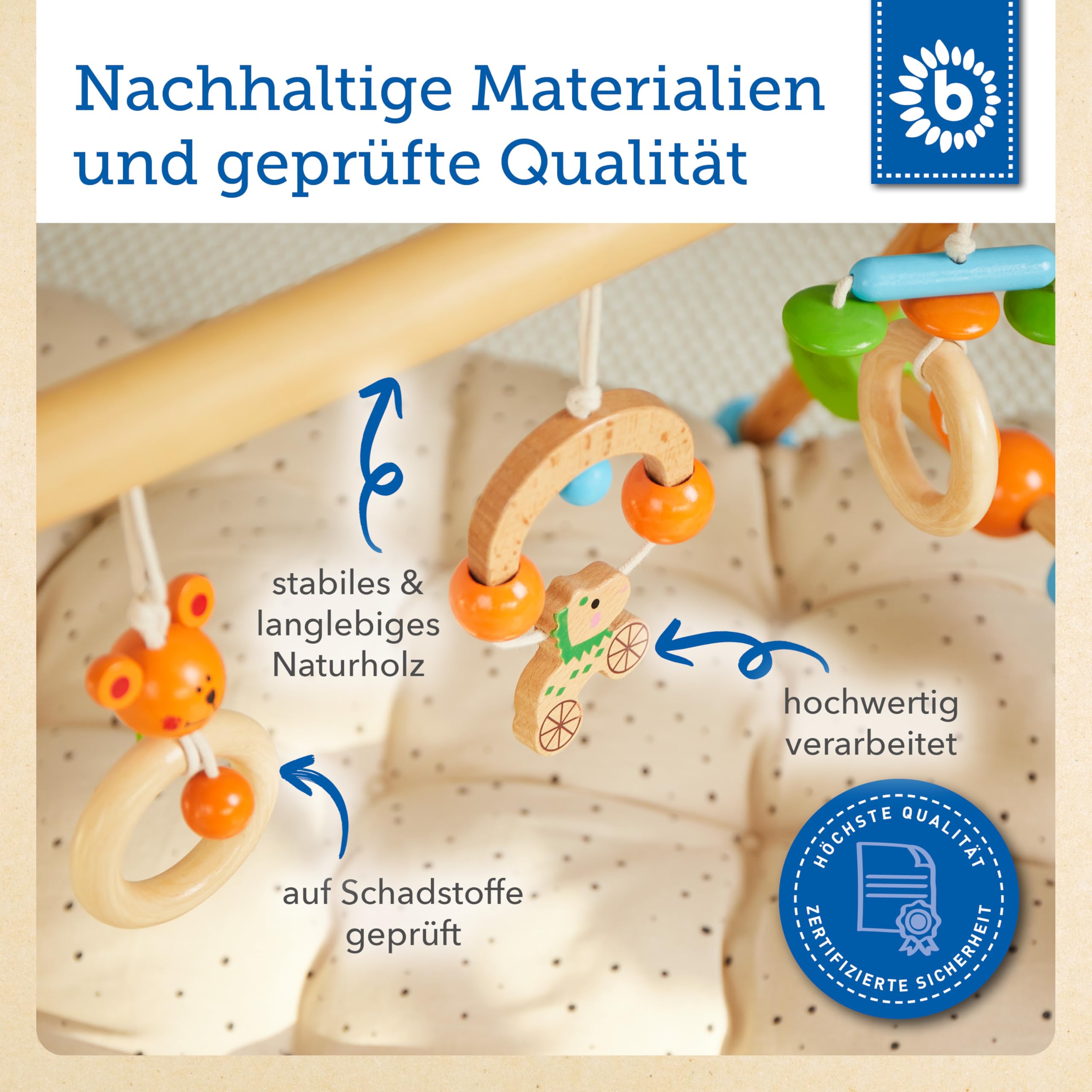 Bieco Spieltrapez | Spielbogen Baby Holz mit Figuren & Kugeln | Spielebogen Holz Baby | Spieltrapez Holz | Baby Mobile Holz | Activity Center Baby Gym | Holzspielzeug Baby | Baby Spielzeug