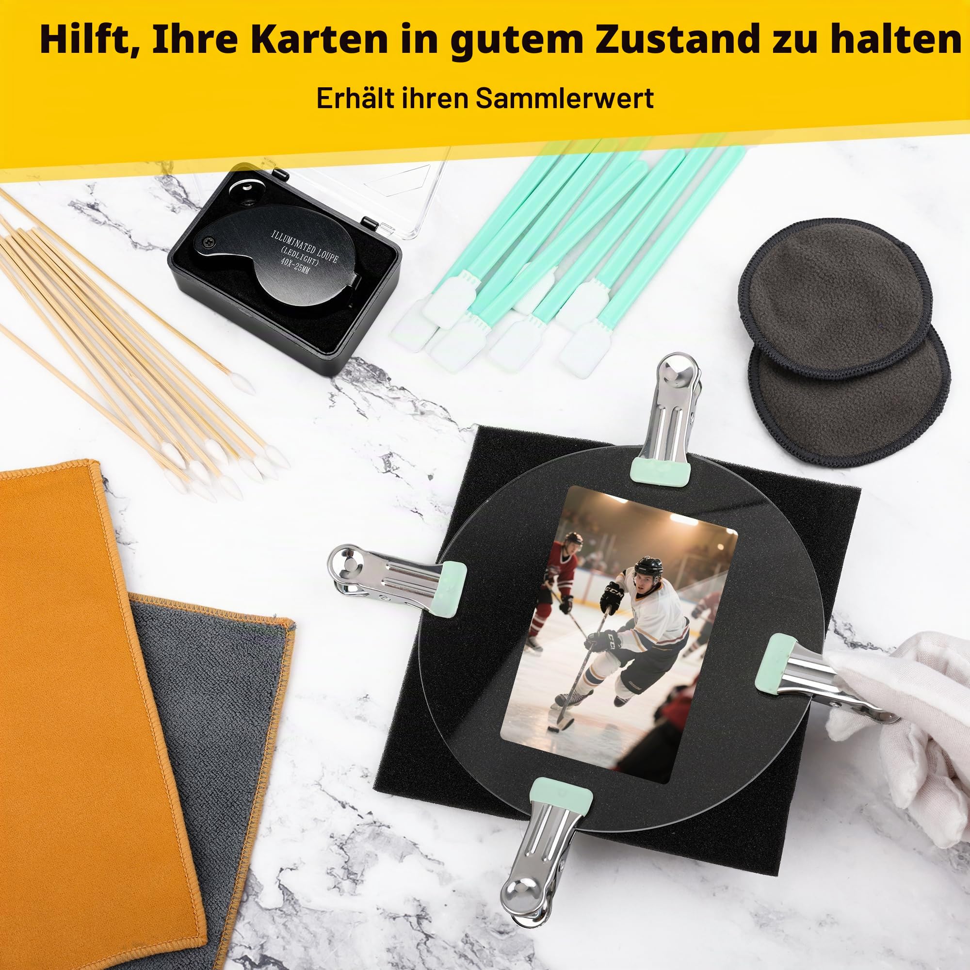 Coldairsoap Karten-Reinigungsset Karten-Abflachungs- und Polier-Set 40-facher Lupe für TCG-Sammler