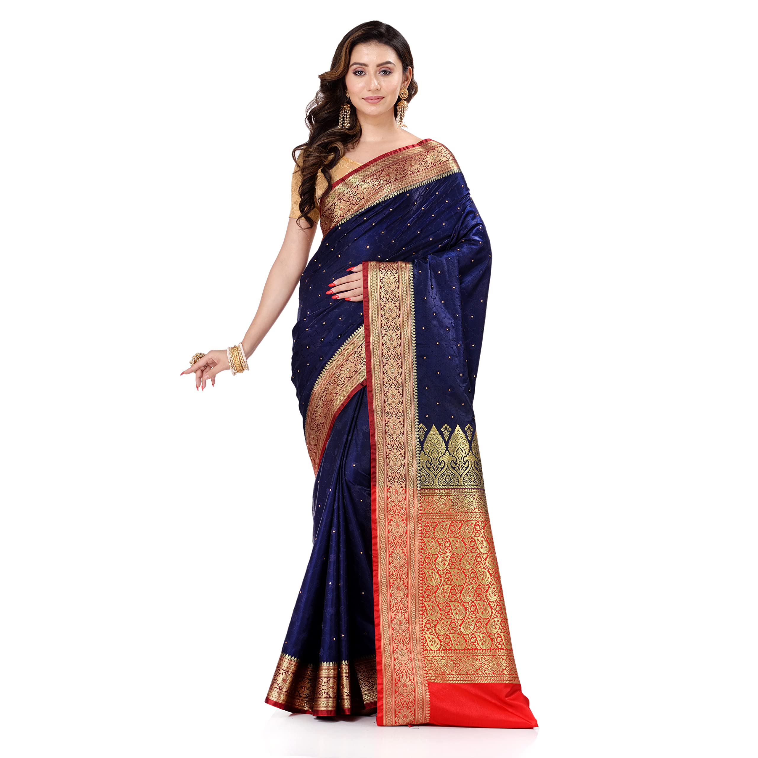 BANARASI PATOLA Women's Other Navy Blue Satin Silk Saree With All Over Floral Jacquard Weave and Stone Work Embellished with Blouse Piece