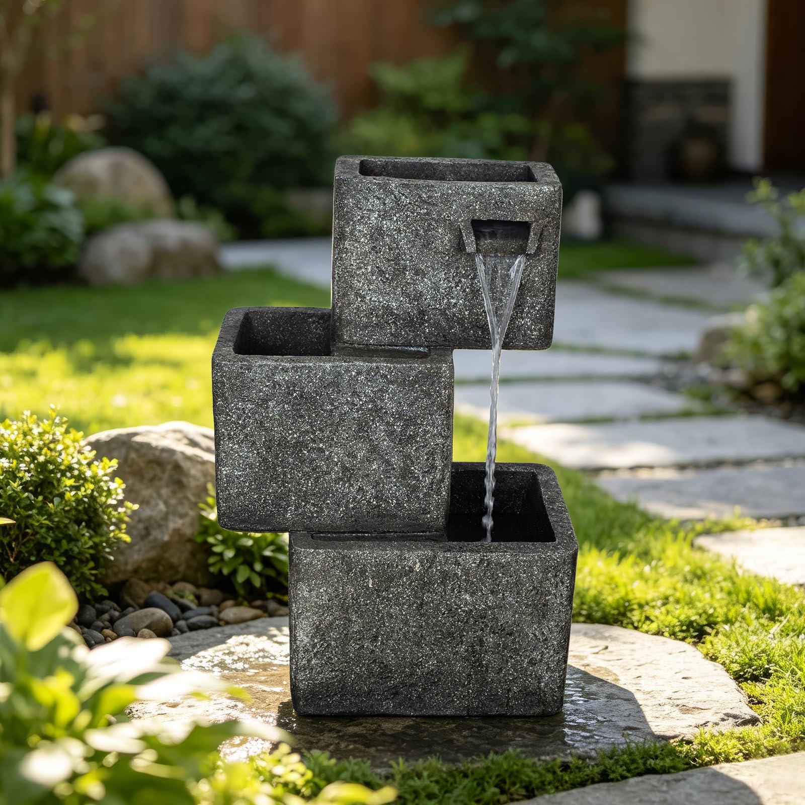3-Tier Square Outdoor Water Fountain, Resin with LED, 27.5 in