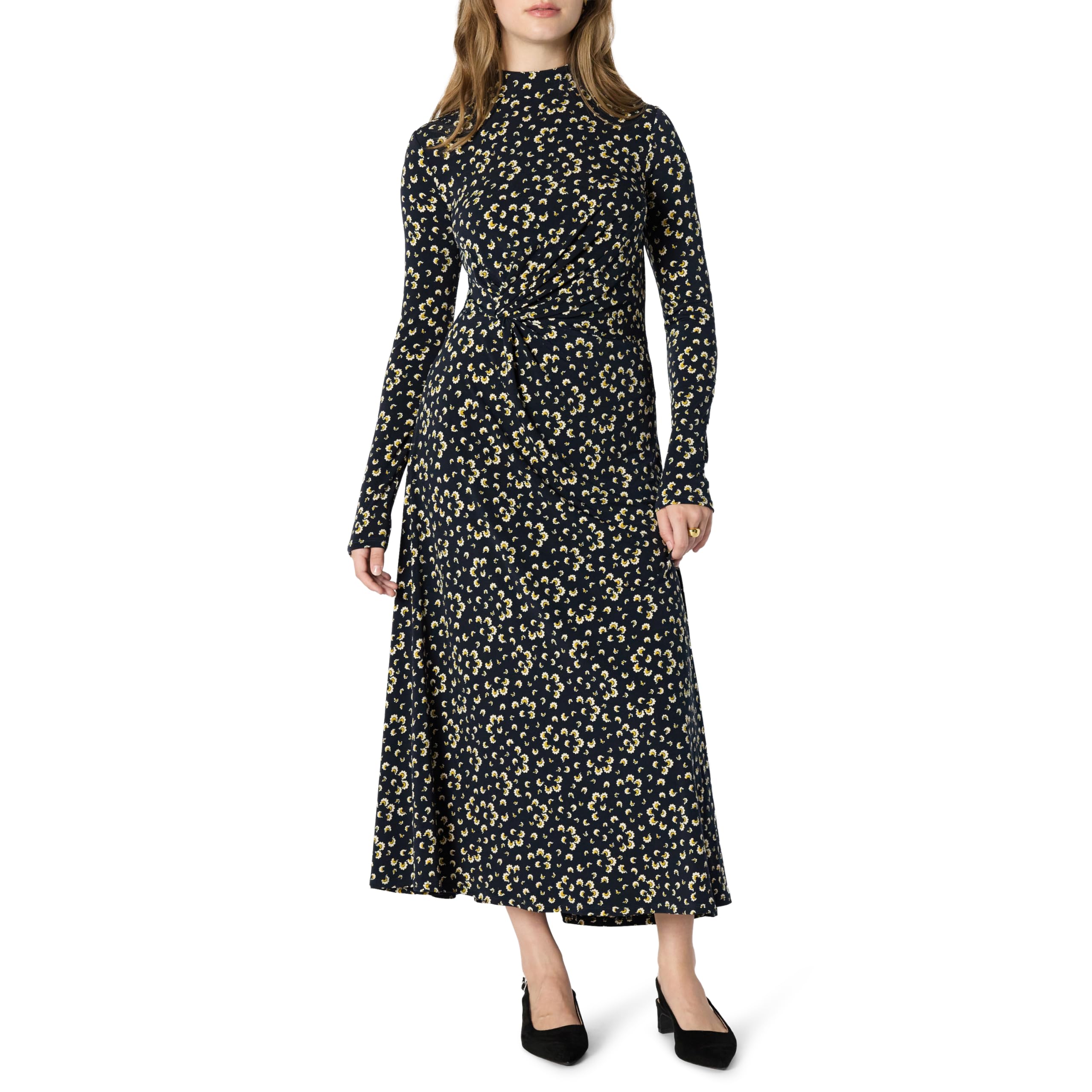 Amazon Essentials Women's Fit and Flare Long-Sleeved Short Maxi Dress, Navy Cream Petals, X-Small