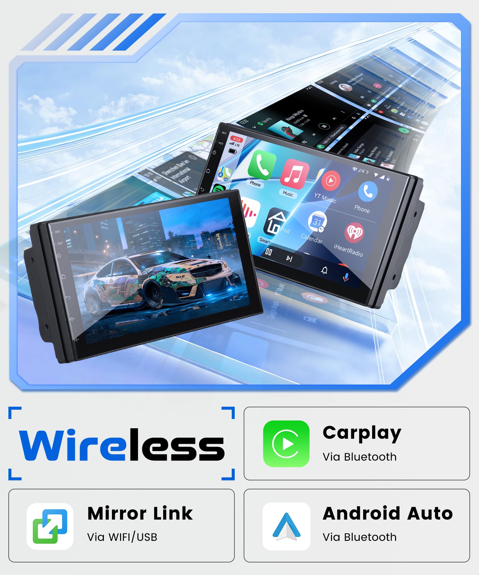 Rimoody 4G+64G 7 Pollici Autoradio 2 Din Android 13 Senza Fili Carplay Autoradio con Touchscreen Android Auto Mirror Link Navi GPS Bluetooth WiFi/FM/RDS/EQ/SWC/USB Telecamera Posteriore