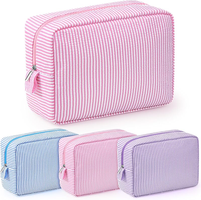 Necessaires de maquiagem Sanwuta em seersucker, rosa, azul-claro e roxa, pacote com 3