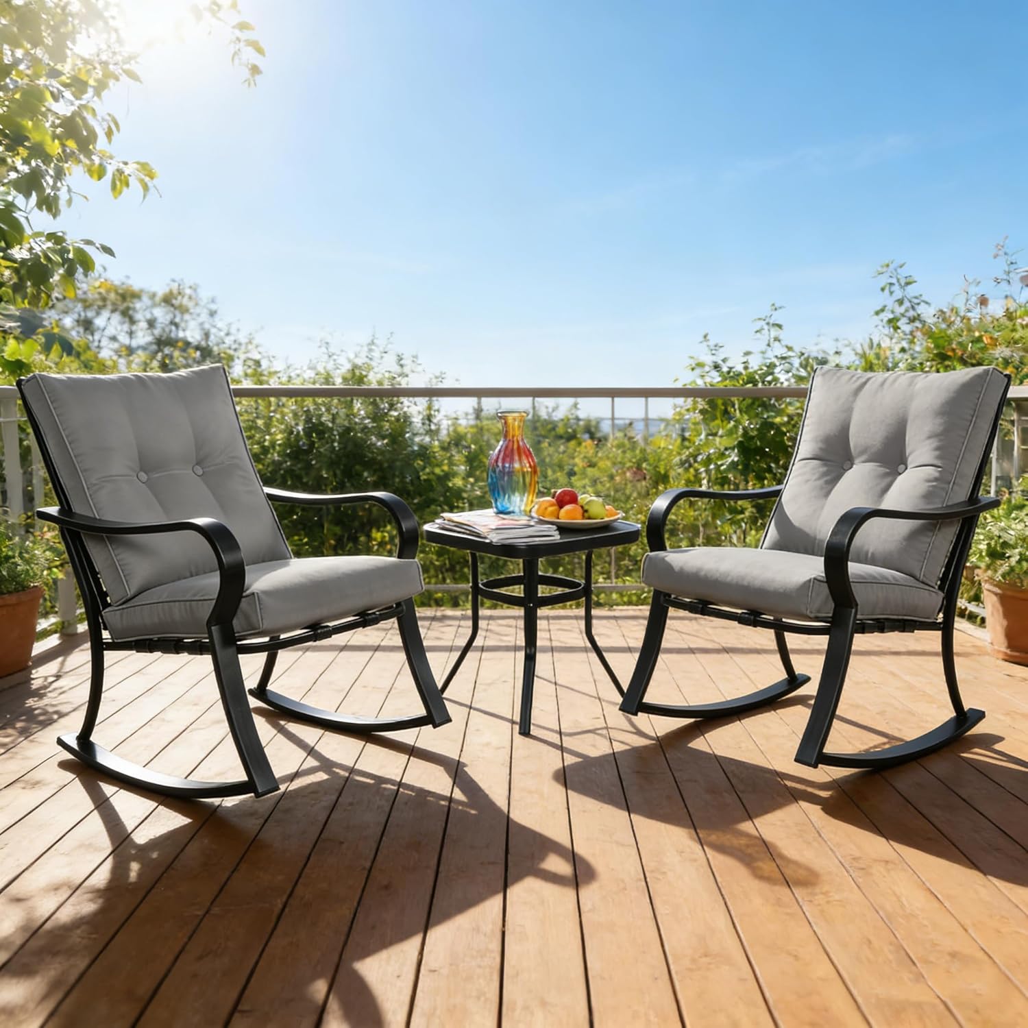 SUNCROWN Outdoor 3-Piece Rocking Chairs Patio Bistro Set Black Steel Furniture with Thickened Cushion and Glass-Top Coffee Table, Grey
