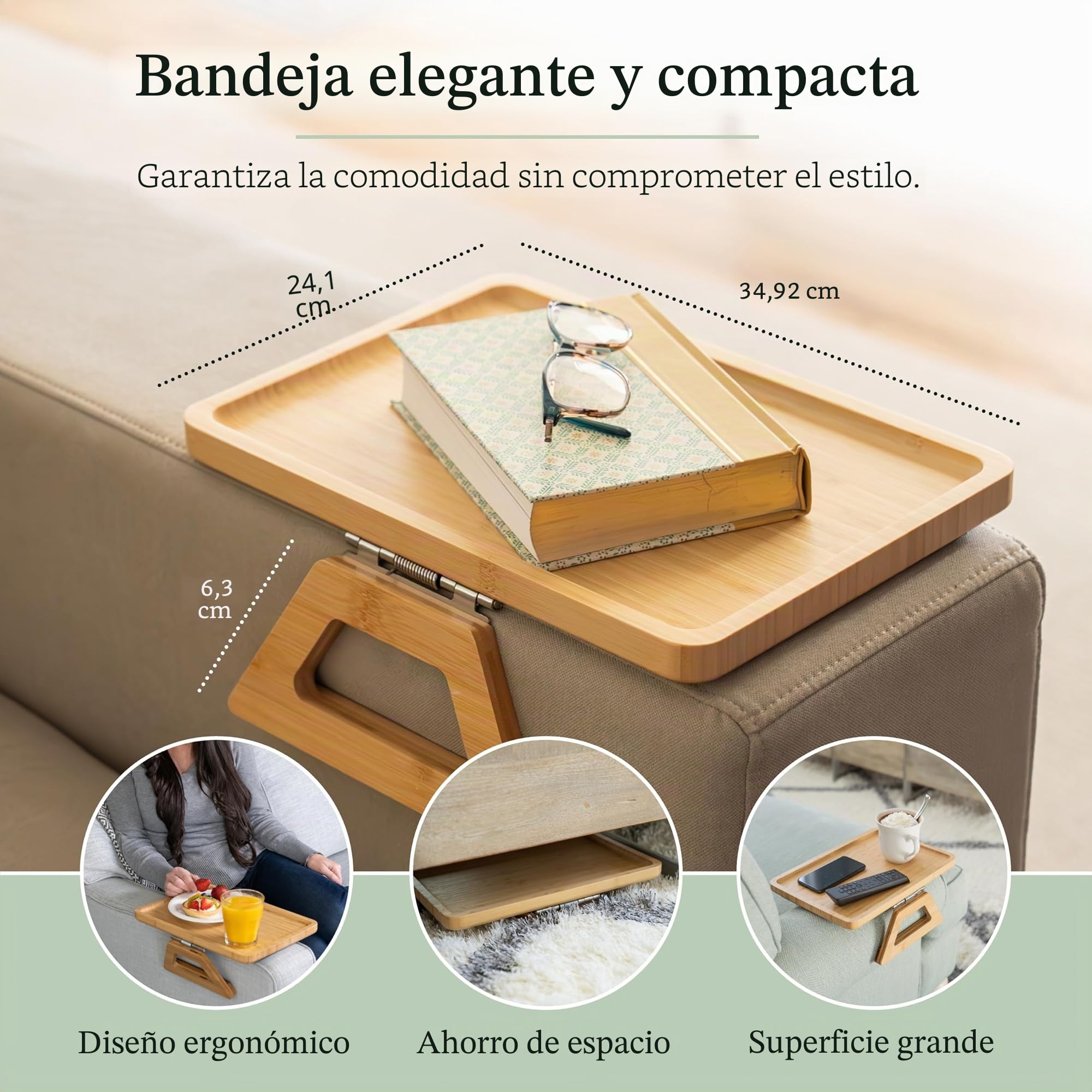 Shamrock Home Mesa de bambú con reposabrazos para sofá, bandeja de clip para sofás, bandeja para sofá para cenas de TV, mandos a distancia, bebidas, aperitivos y espacios pequeños, 13.7 x 9.5 pulgadas