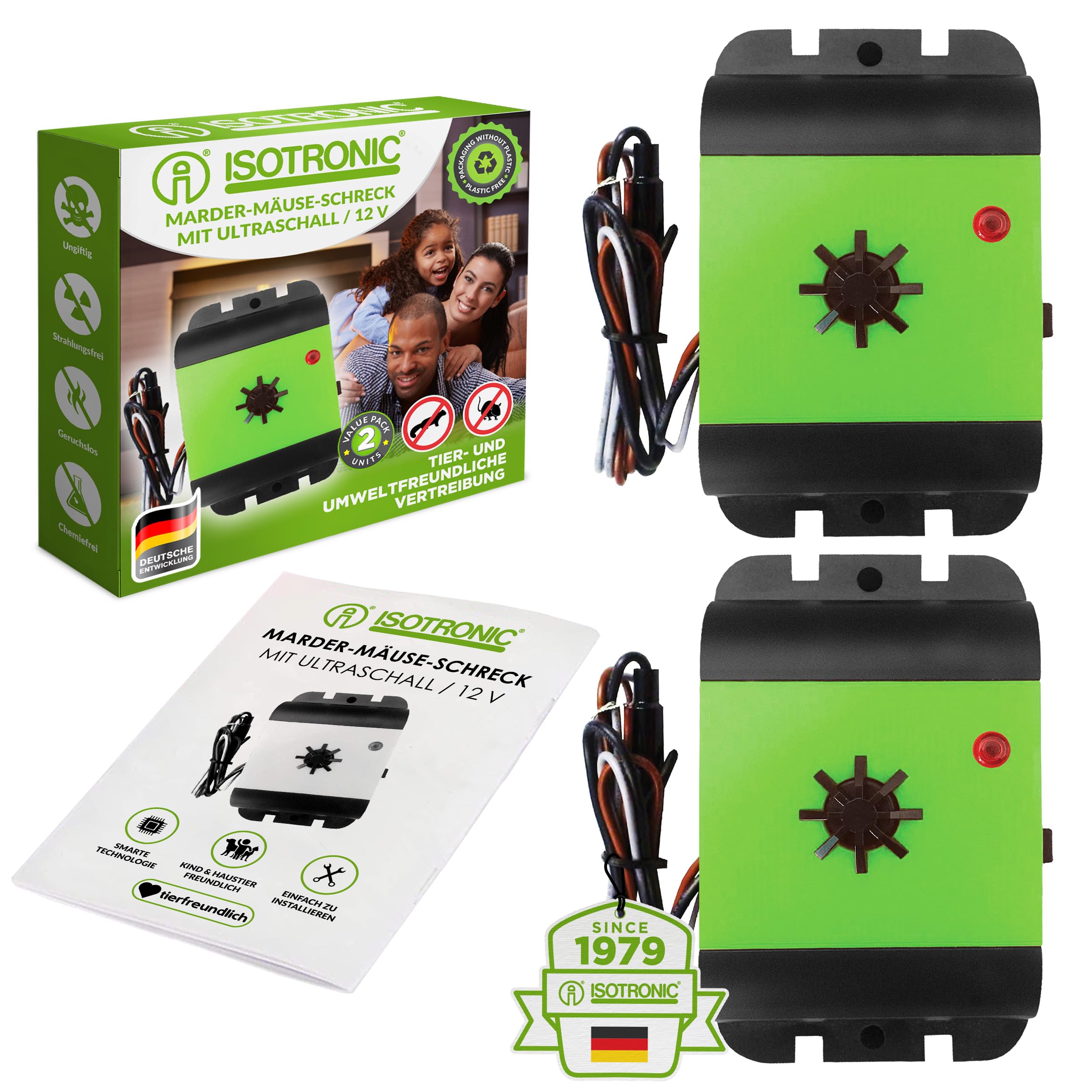 ISOTRONIC Marderschreck Auto – Marderabwehr zum Anschluss an 12V Autobatterien – Marderschutz mit Vibrationssensor & Ultraschall – Anti Marder Abwehr (2 Stück)