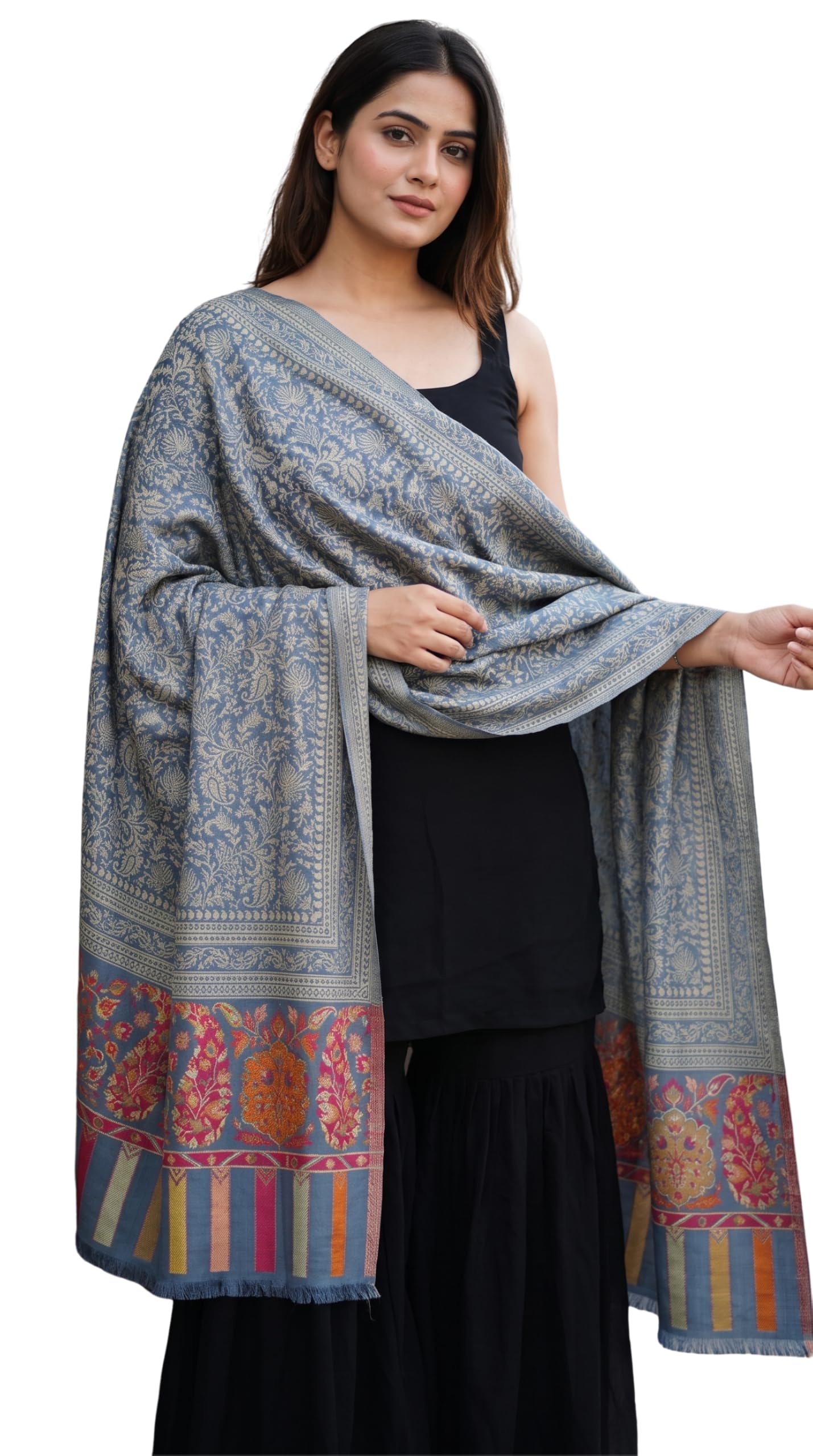 Women's Jacquard Woven Shawl - Classic Beige & Purple Floral Winter Wrap, Oversized Scarf Stole with Vibrant Paisley Border-picture-34