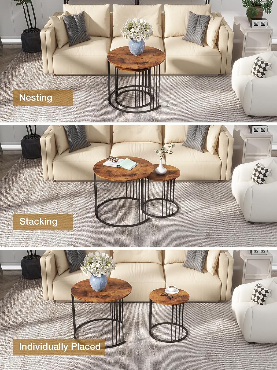 YORKING Nesting Coffee Table Set of 2, Round Table, Modern End Side Table Night Stand for Bedroom Dining Room (Brown)