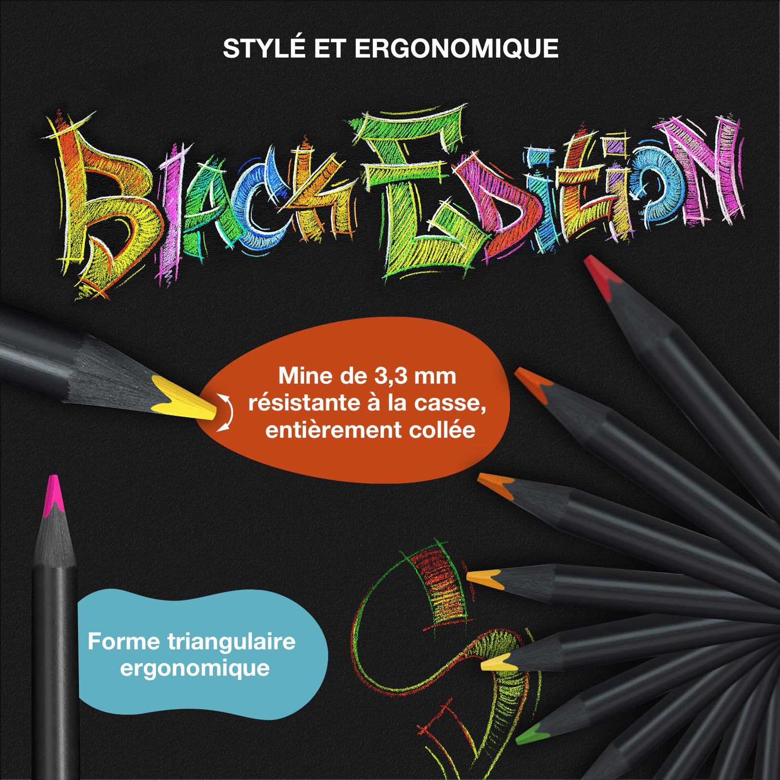 Faber-Castell 116450 Black Edition Boîte de 50 Crayons de Couleur Vibrants, Résistants à la Rupture et Prise en Main Ergonomique, Crayon de Couleurs Colorier sur Papier Clair et Foncé