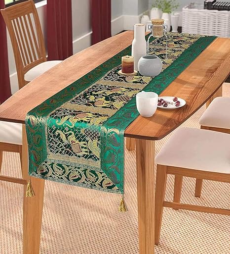 E - Ezra Decorative Dining Table Runner Silk Runners Ends Tassels on Both Sides Banarasi Brocade Silk Tablecloth Decorative 6 Seater Runner Long Size 16x60 Inch (Green)