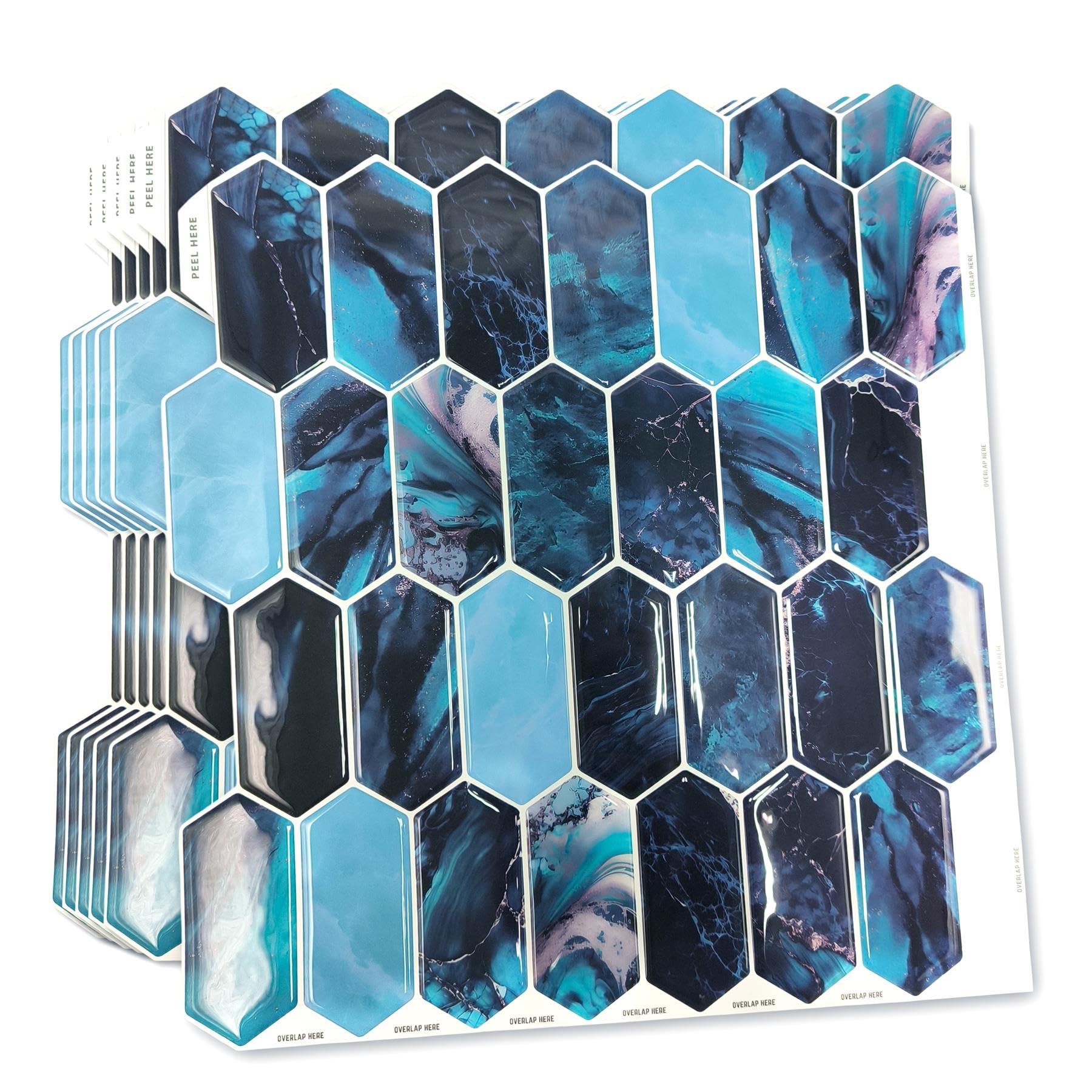 Walplus Blue Hexagon Honeycomb 6 Sheets 3D Tile Stickers 30.5Cm Peel And Stick Backsplash Transfers Waterproof Wall Décor For Kitchen Bathroom