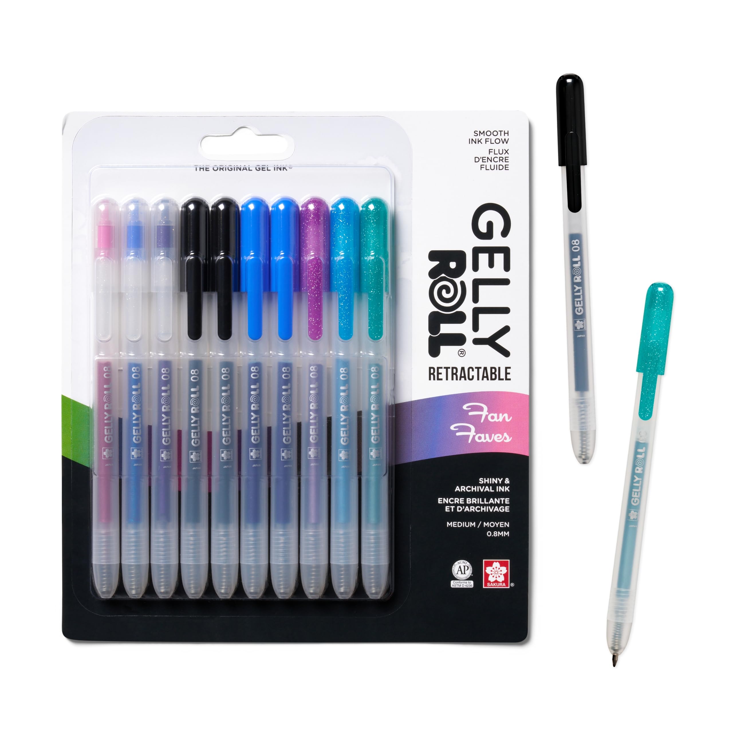 SAKURA Gelly Roll Retractable Gel Pens Colored - Sparkle Set - Medium Point Ink Pen for Journaling, Art, or Drawing - Colored Gel Pens with Glitter, Metallic, Blue & Black Pens - 10 Pack