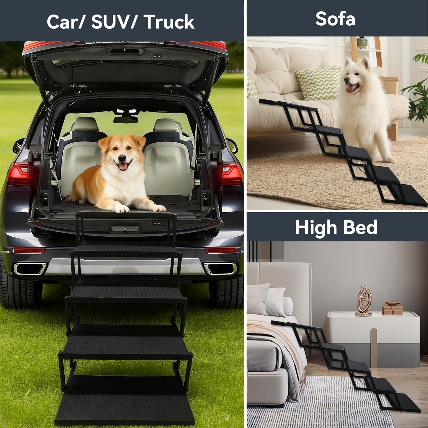 Niubya 5-stufige Faltbare Hundetreppe für Autos, SUVs, LKWs, Sofas und Betten – ultraleichte rutschfeste Hundetreppe für große Hunde, belastbar bis zu 90 kg, leicht zu transportieren und zu verstauen