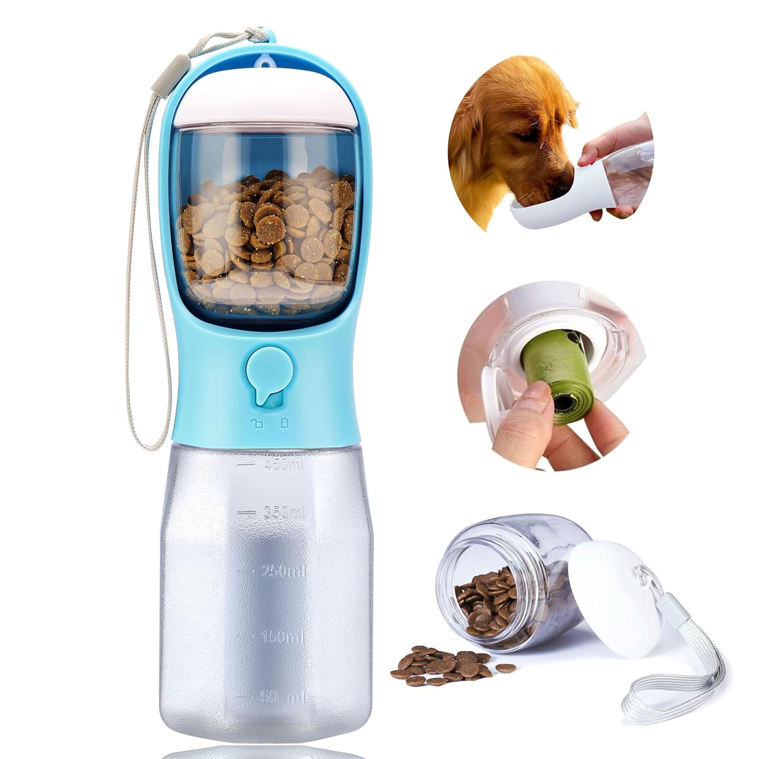 AVELORA Dog Water Bottle with Food Container, Portable Pet Dog Water Dispenser for Outdoor Walking,Hiking,Travel,Puppy Essentials,Puppy Supplies,