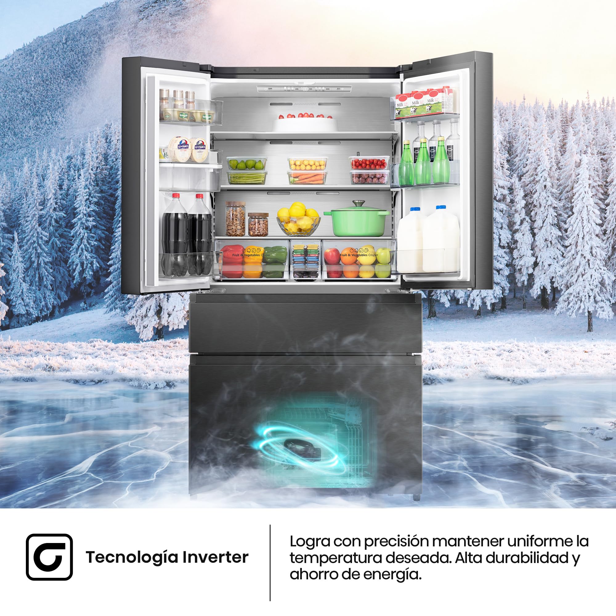 Hisense RF749N4SWFE - Frigorífico Americano Puerta Francesa Total No Frost, 579L,179cm, Metal-Tech Cooling, My Fresh Choice, Multi Airflow, Dispensador Agua con Depósito, Inverter, WiFi, Dark Inox