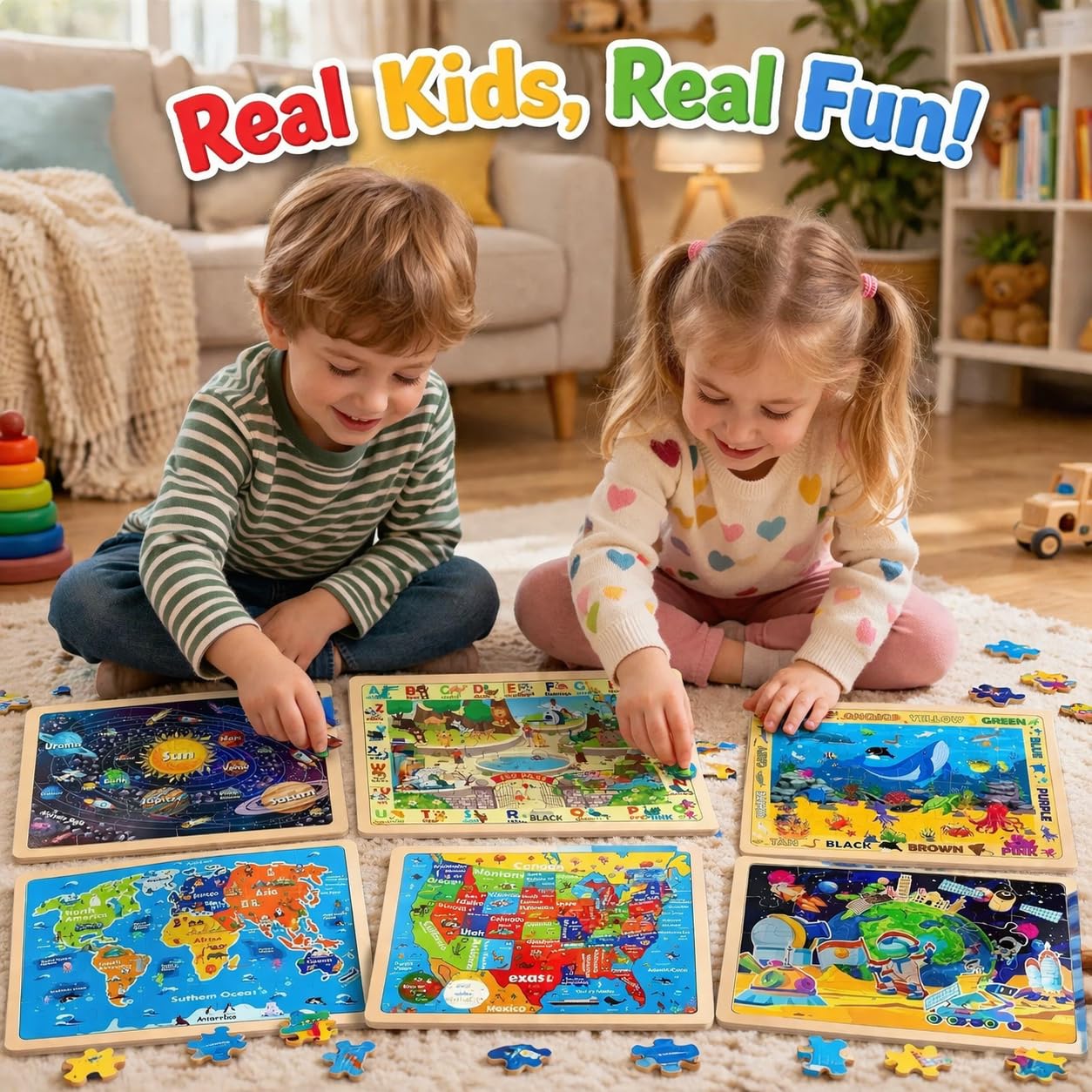 Holzpuzzle für Kinder von 2 bis 4 Jahren, 6 Packungen à 24 Stück, Sonnensystem, Weltkarte, Puzzles für Kleinkinder von 3 bis 5 Jahren, Lernspielzeug für Kinder im Vorschulalter