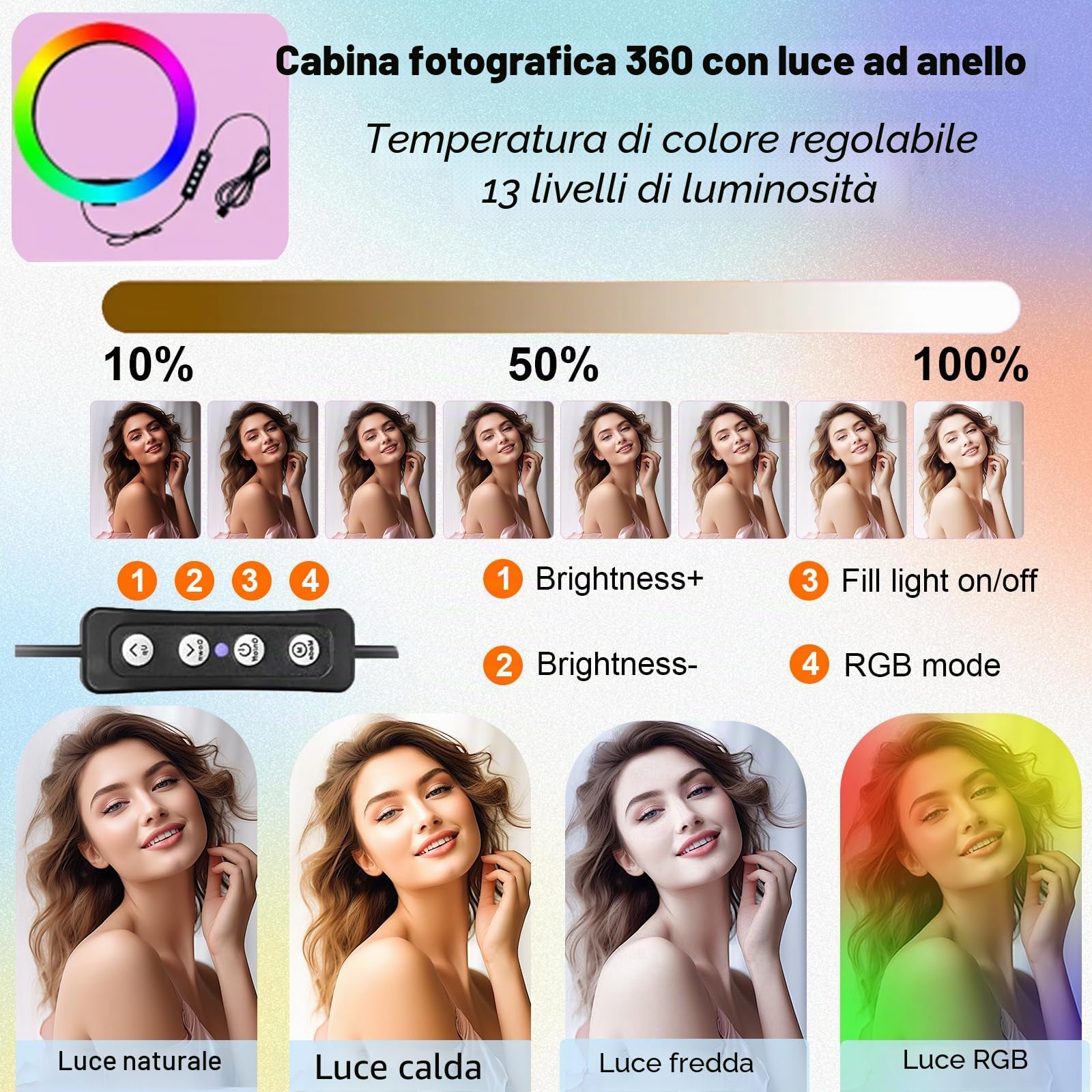 Set fotografico a 360° con custodia per il trasporto, cabina fotografica a 360° con telecomando per 5-6 persone, anello luminoso RGB, logo personalizzato gratuito (100 cm / 39,4in)