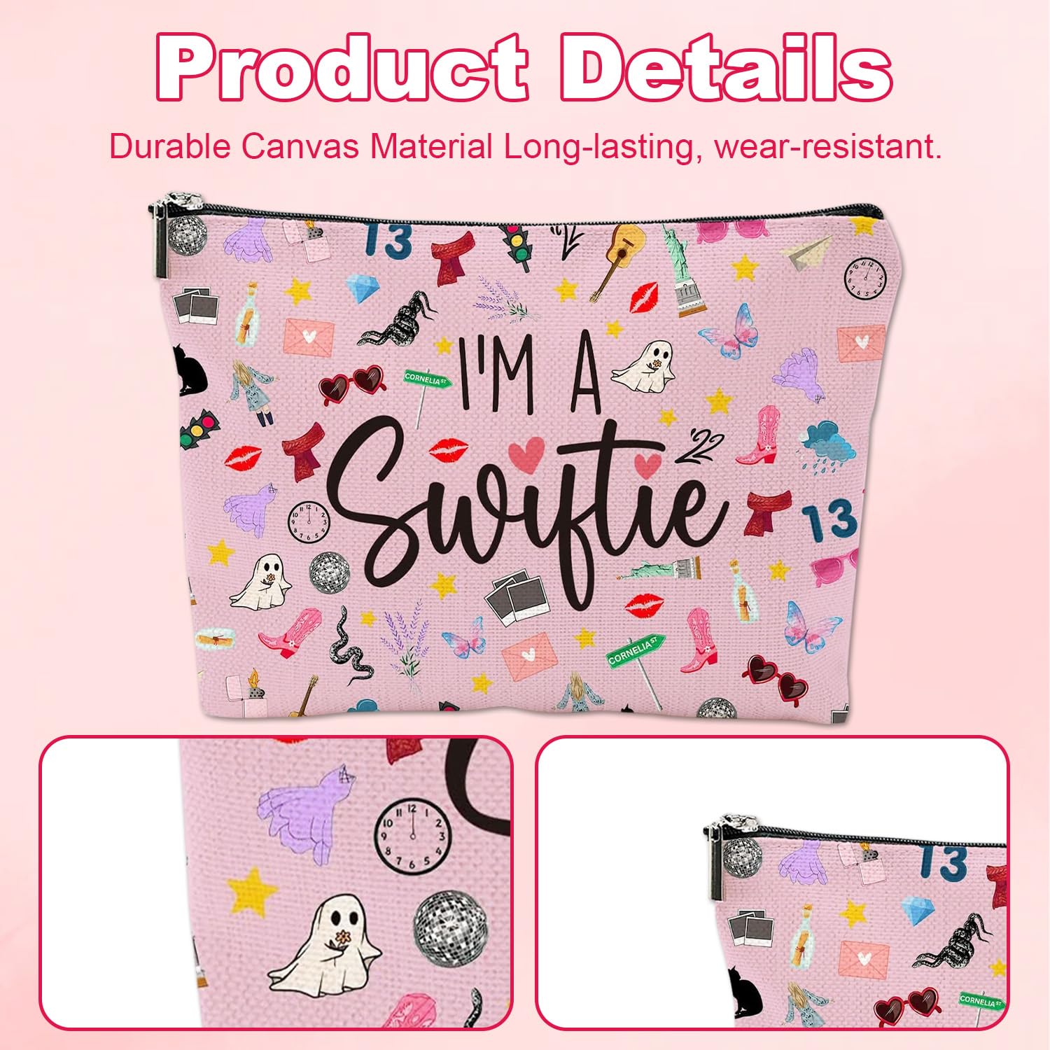 Pink Makeup Bag Gifts for Music Lovers Merch Travel Cosmetic Bag Canvas Make Up Bag Cosmetic Makeup Organizer - Image 3