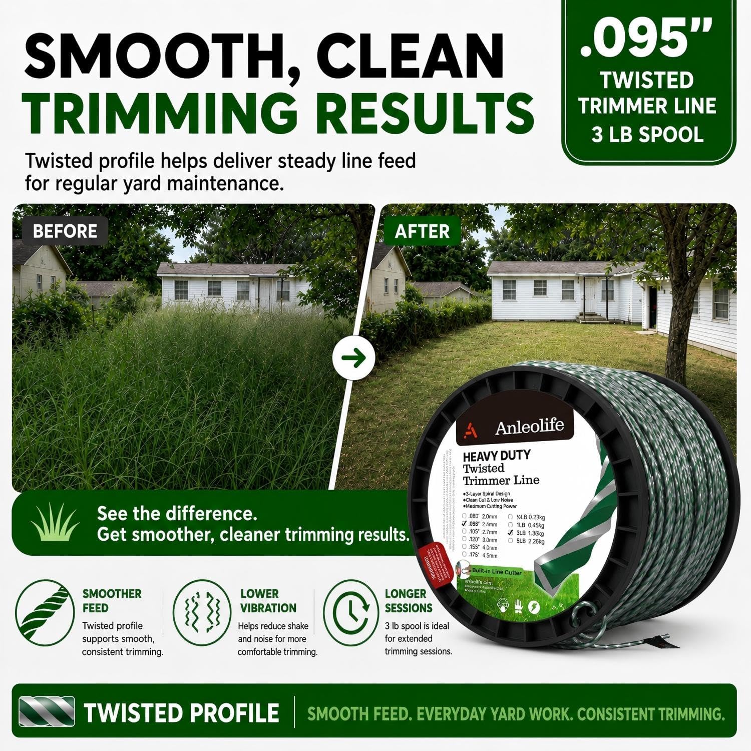 Anleolife .095" 3-Layer Twisted String Trimmer Line for Weeds, 1181ft 3 lb image 4