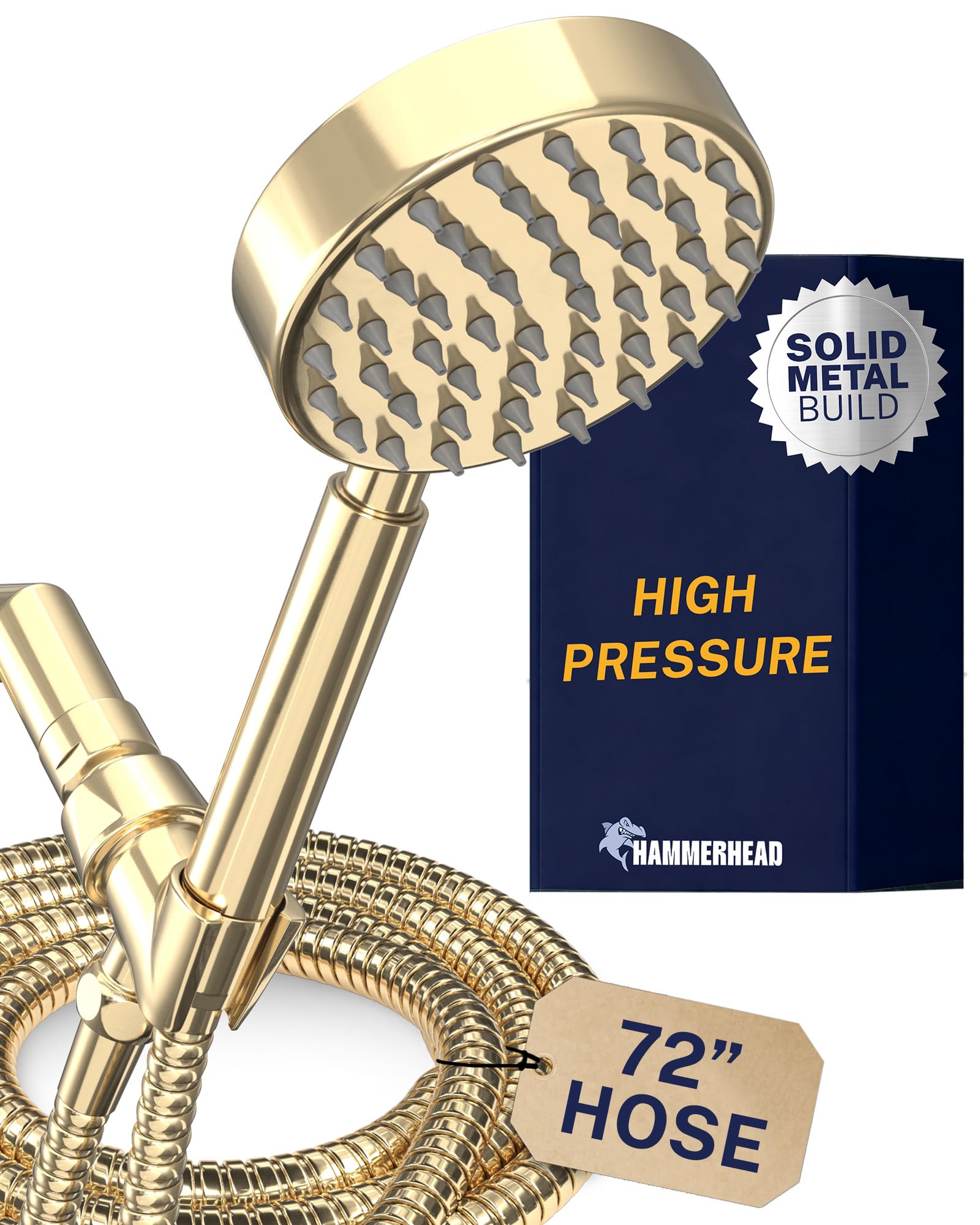 HammerHead Showers® Solid Metal Handheld Shower Head with Hose and Brass Holder - POLISHED BRASS - 2.5 GPM High Pressure Shower Heads with Adjustable Shower Wand Bracket - 6ft Flexible Extension