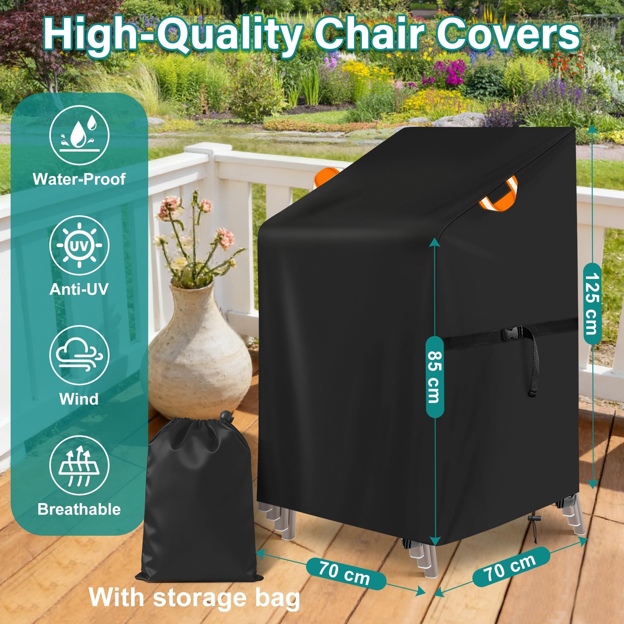Copri Sedie Da Esterno 70x70x85/125CM, Copertura Per Sedie Da Giardino In Tessuto Oxford 420D, Impermeabile, Resistente All'Inverno, Per Sedie Impilabili Con Cordoncino, Antivento, Antistrappo - 5