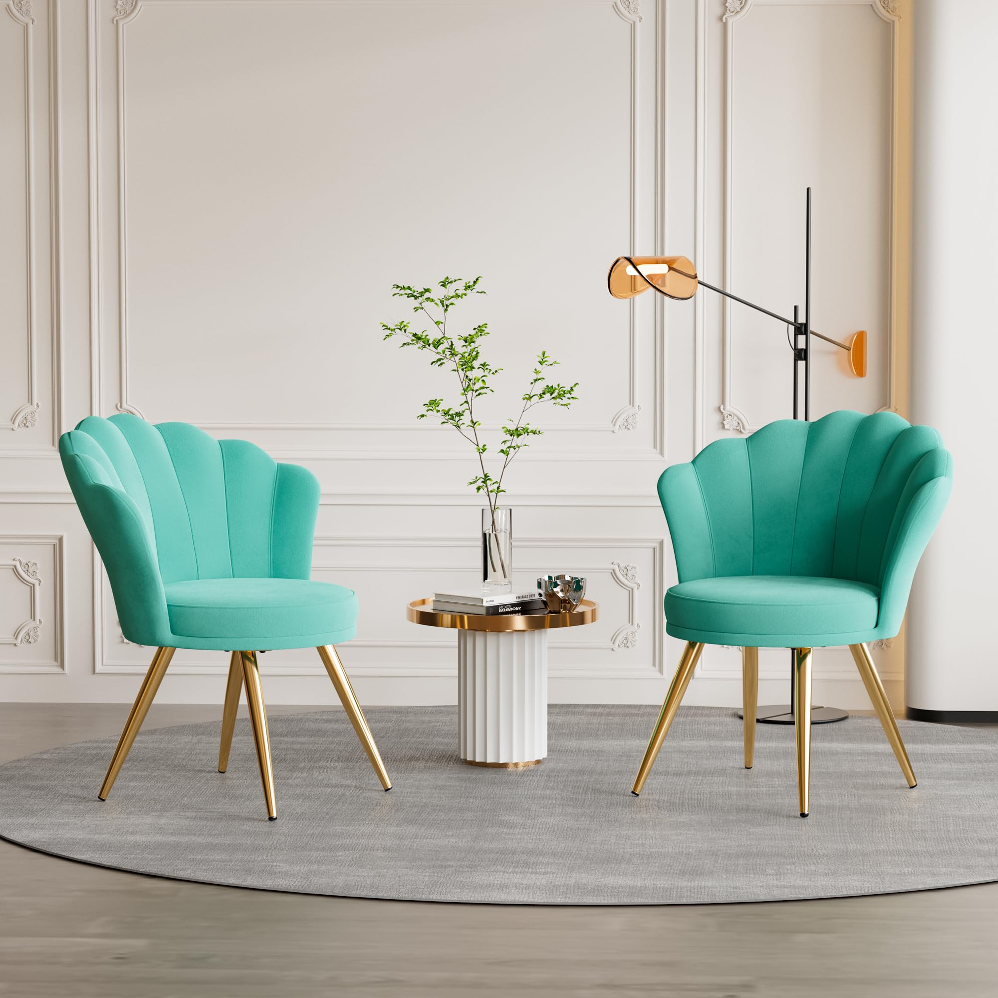 Aivermeil Velvet Accent Chair with Gold Metal Legs •Vanity Chair for Makeup Room •Upholstered Guest Chair for Living Room •Side for Bedroom •Cyan •Set of 2