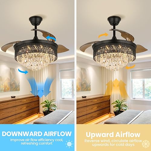 Miniatura 6 de Jenvkoil Ventilador de araña de cristal de 42 pulgadas, lámpara regulable, moderna, color negro, con luces y control remoto para dormitorio,