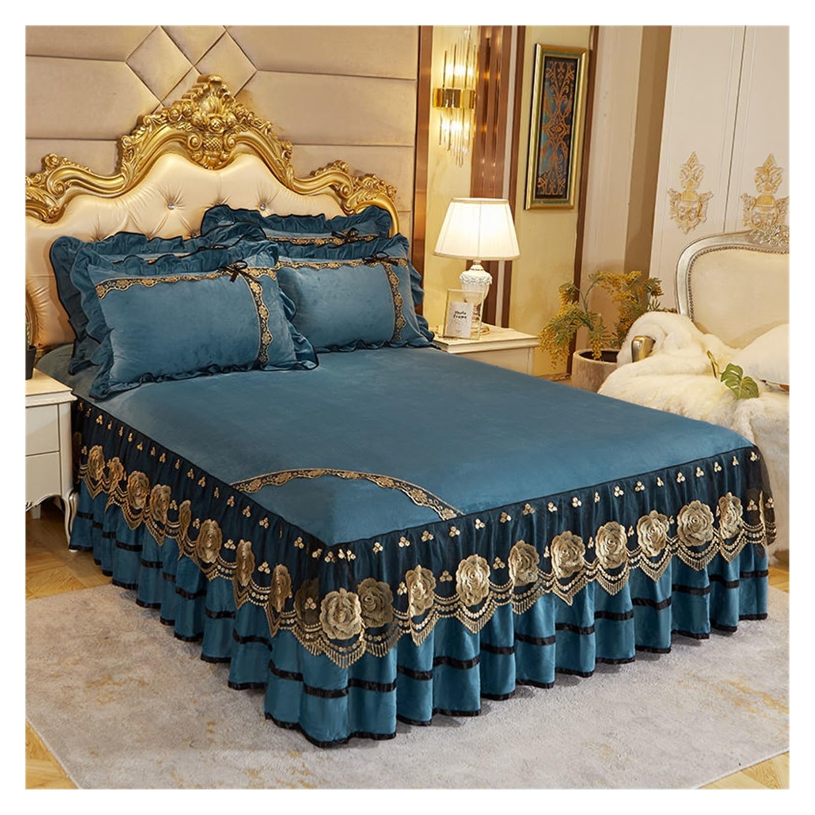 WENYOG Bed skirts Luxury Bedspread On The Bed Wedding Bed Sheet Lace Bed Cover Blanket Fabric King Queen Size Bed Skirt With Pillowcases(Lake blue,3pcs 120x200cm)