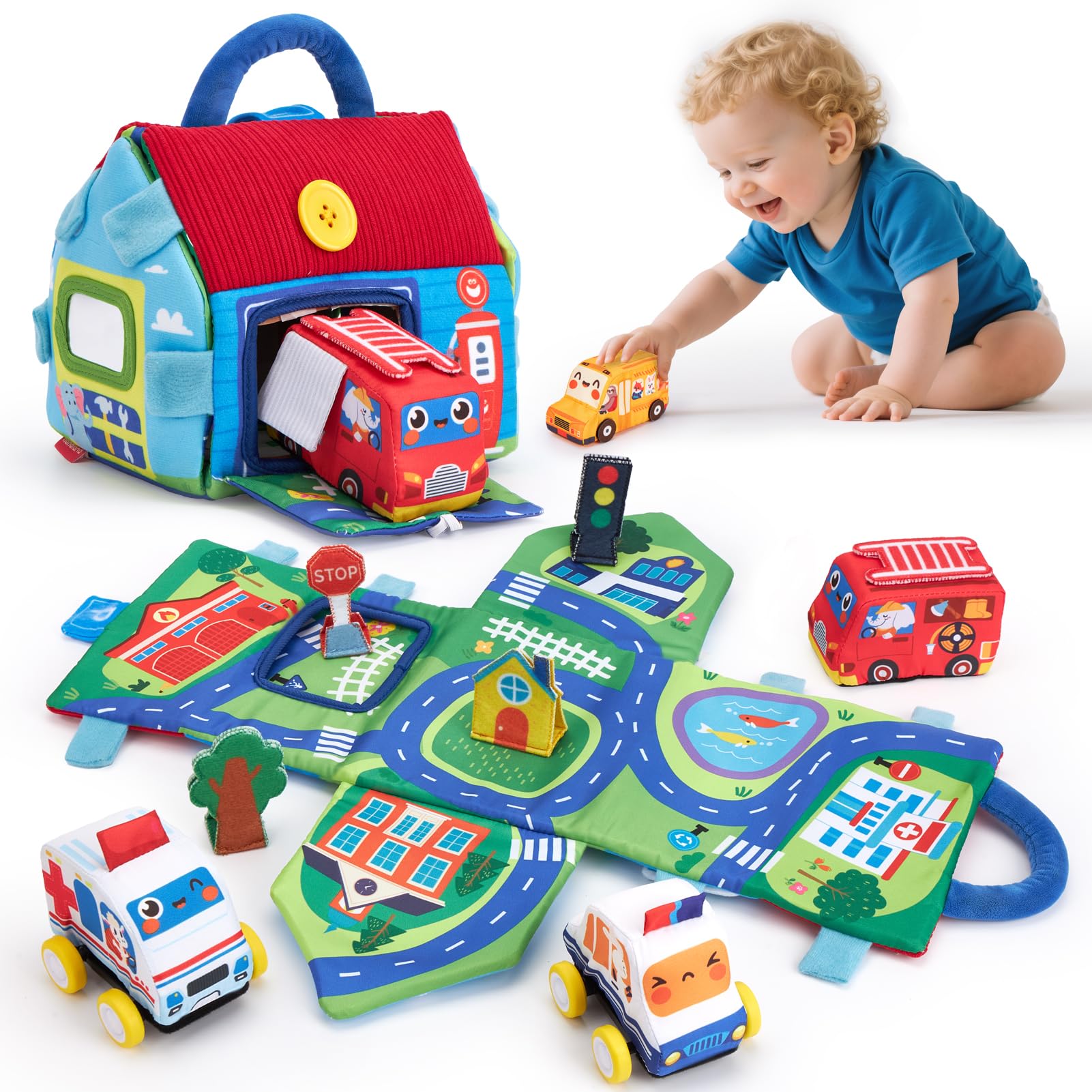 hahaland Giochi Neonato 6 9 12 Mesi - 4 PCS Peluche Macchinine per Bambini con 2 in 1 Borsa & Tappetino da Gioco - Giochi Montessori 1 Anno Regalo per Bimbo Bimba