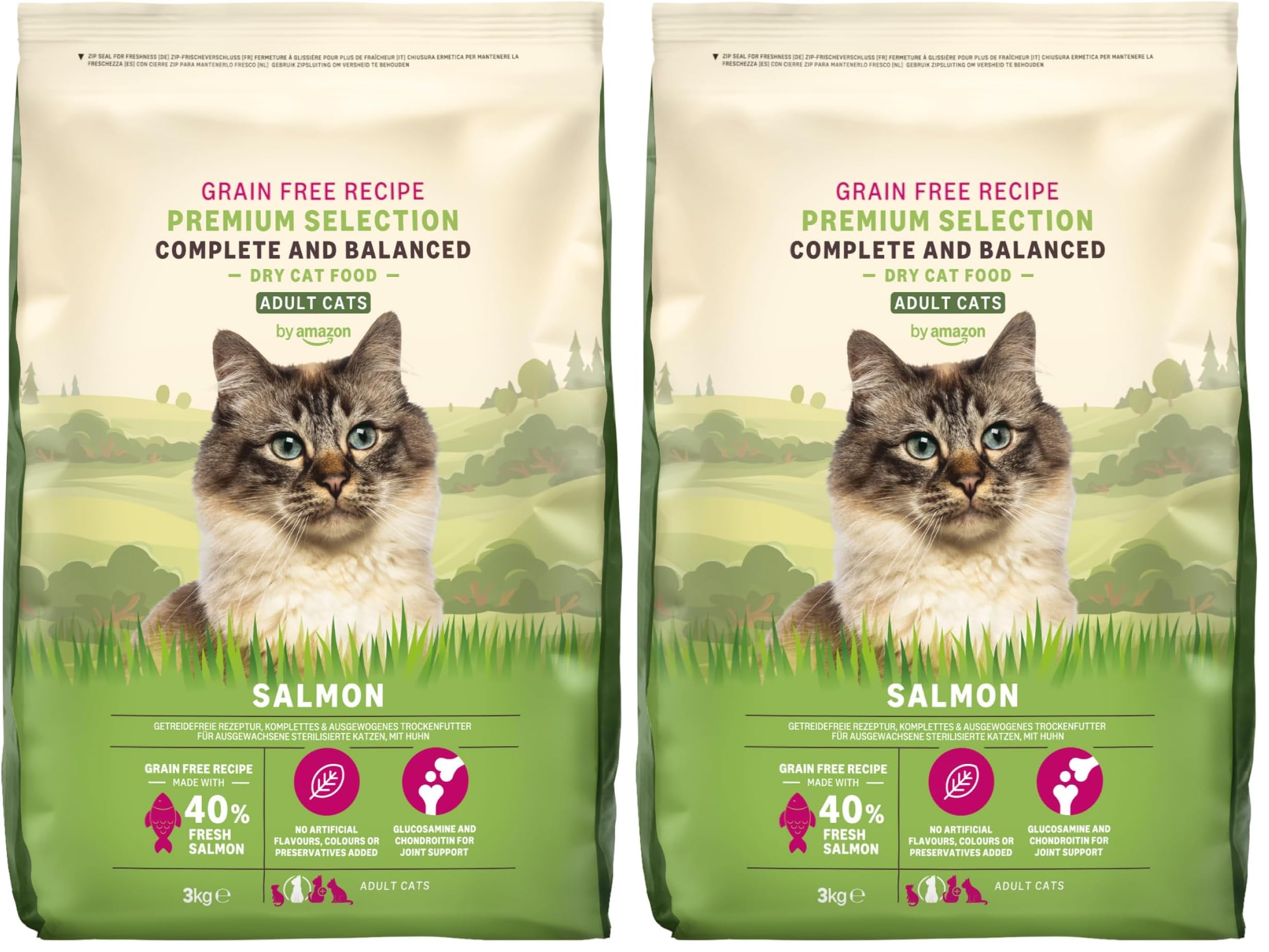 Marca Amazon - Lifelong - Alimento seco para Gatos Adultos con salmón Fresco, Receta sin Cereales - 3 kg (Paquete de 2)