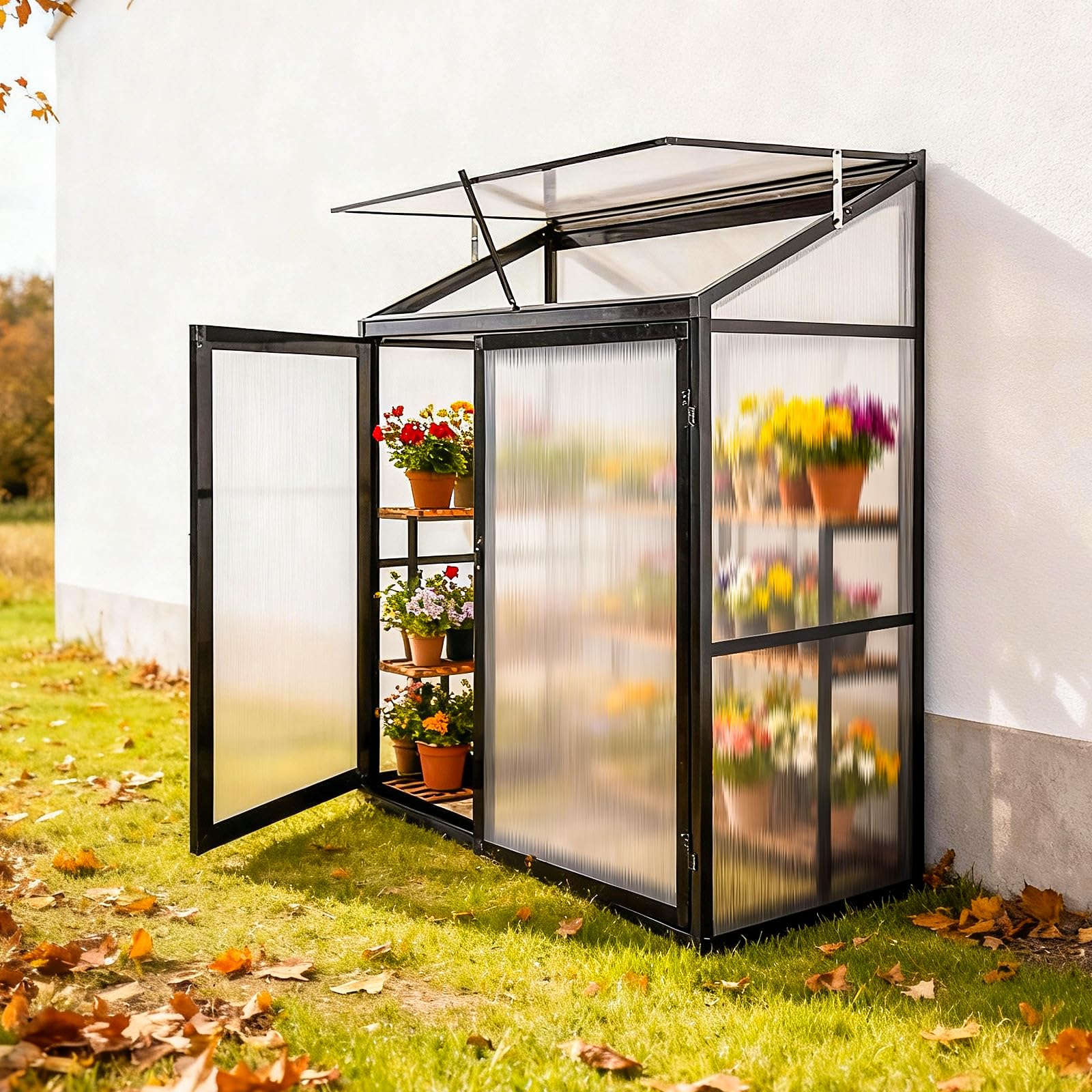 Euboer Aluminium Anlehngewächshaus Beistell Tomatengewächshaus klein Gewächshaus Doppeltür Treibhaus 140x55X130 cm schwarz