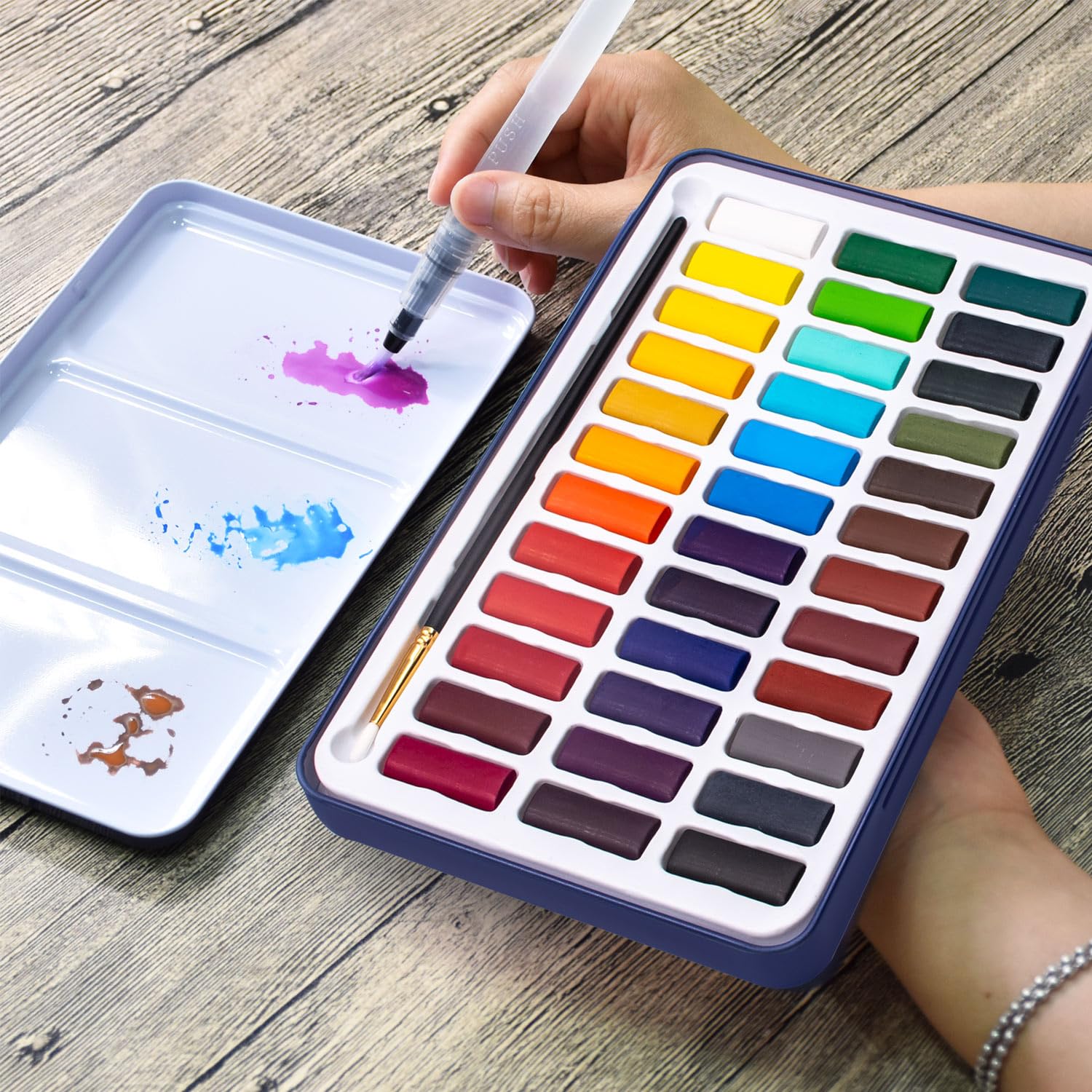 Stationery Island Pintura de Acuarela Artistas 36 Colores Caja Acuarelas Profesionales 1 Pincel de Acuarela 1 Paleta Acuarela para Niños, Principiantes Set De Pintura De Acuarela, Versátil Y Portátil