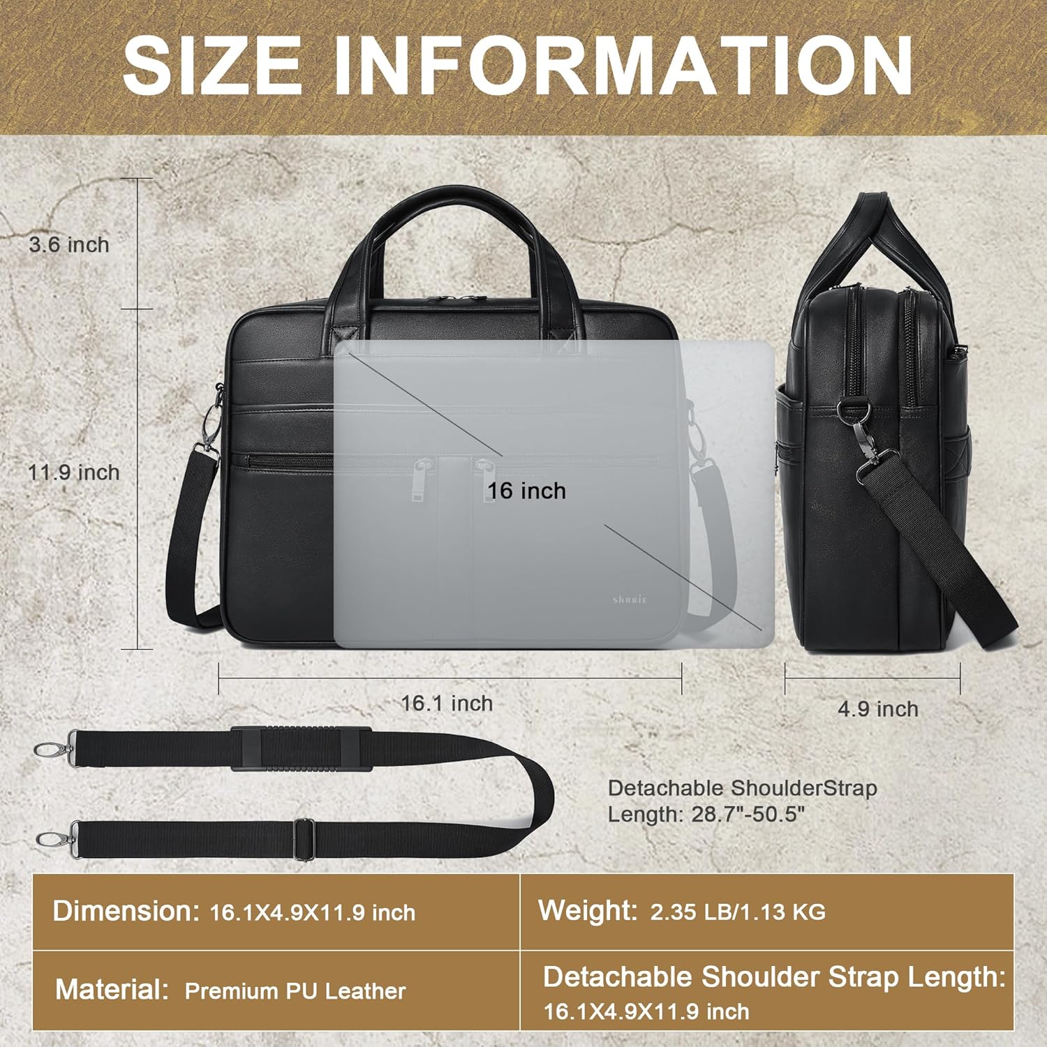 Shrrie Leather Messenger Bag for Men&Women 16 inch Laptop Bag,Water-Resistant Retro Leather Briefcase for Men Business,Work - Image 3