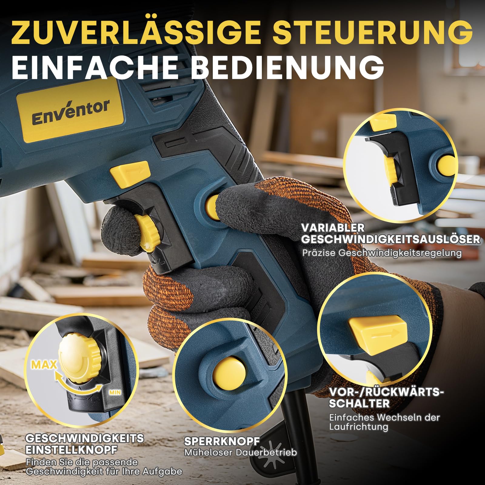 Enventor 750W Schlagbohrmaschine, Elektrische Bohrmaschine mit 9 ​​Stück Bohren, elektr. Drehzahlregelung, 360° Zusatzgriff, (Max. Bohr-Ø: Holz: 25 mm, Beton: 13 mm, Metall: 10 mm)