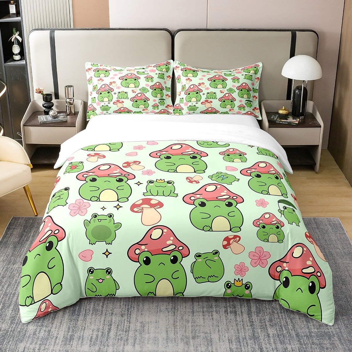 Mushroom Frog 100% Organic Cotton Comforter Cover Cute Mushroom Duvet Cover Set Queen Size for Bedroom Cartoon Animals Plants Bedding Set with 2 Pillowcases(Not Comforter)