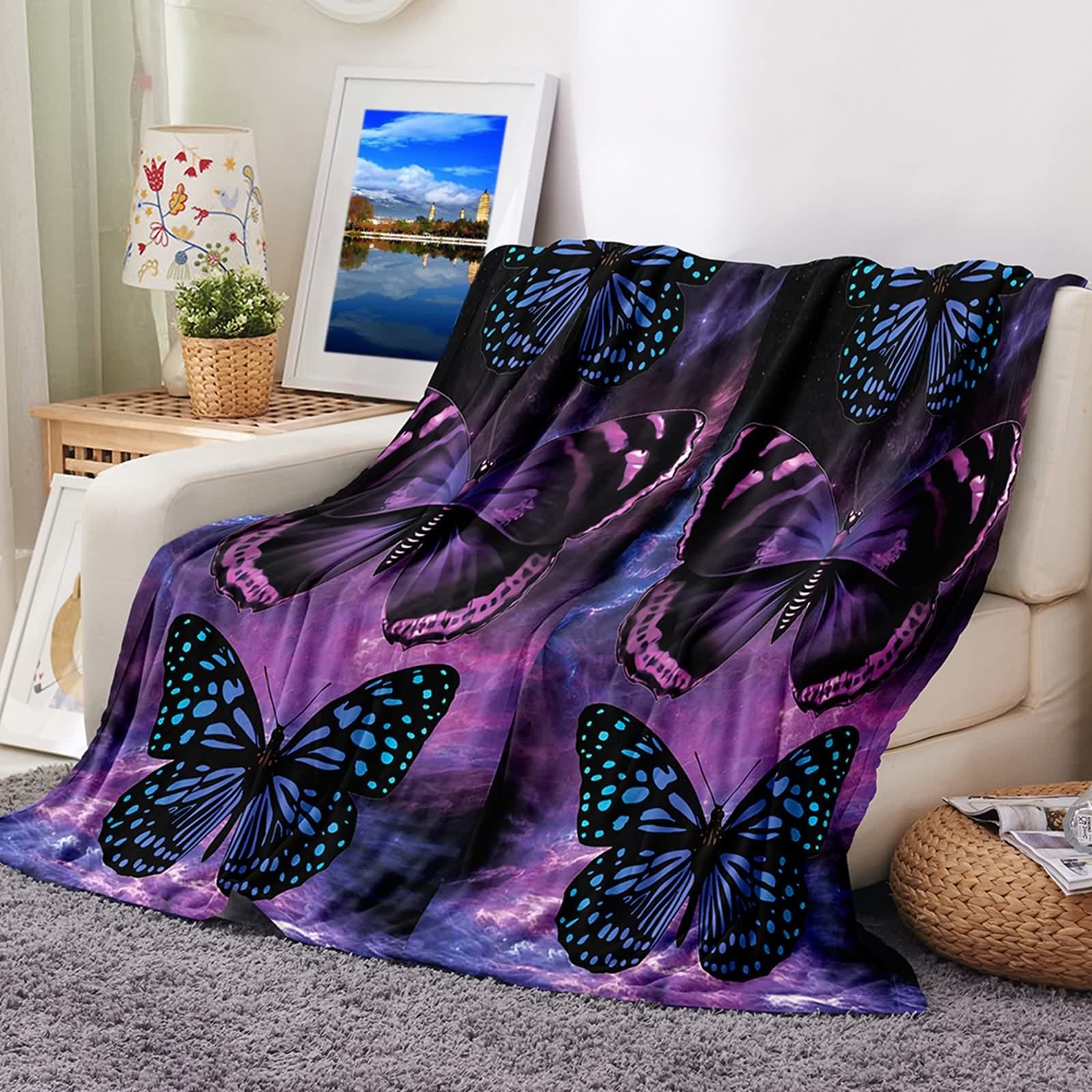 Duży koc narzuta na sofę, czarny koc narzuta bardzo duże flanelowe motyle przytulne puszyste miękkie lekkie ciepłe 152 cm x 188 cm
