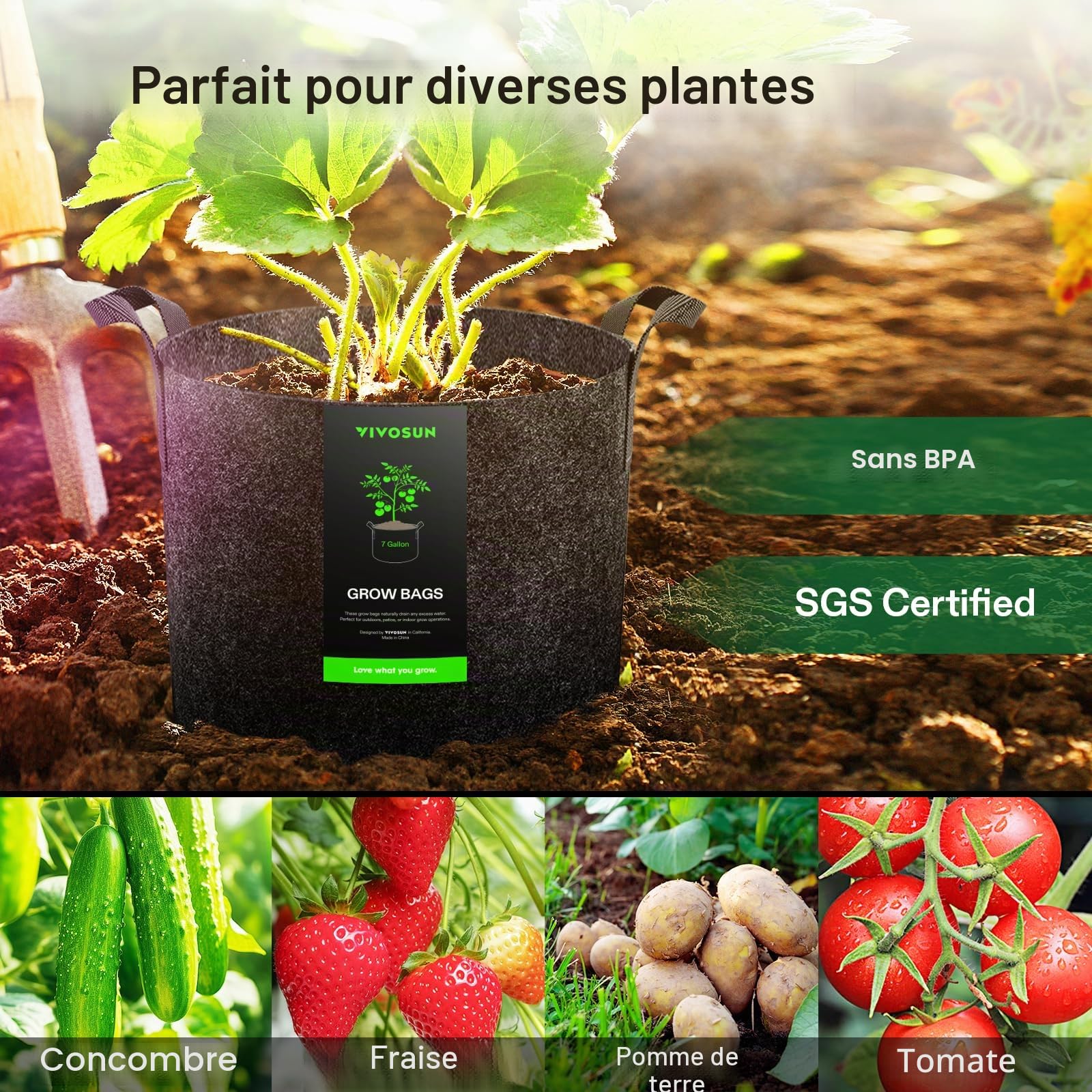 VIVOSUN Lot 5 Sac de Plantation 25L Sacs de Culture Tissu Non Tissé Sac à Plantes, Pots Tissu Épais Haute Résistance avec Poignées pour Légumes, Fleurs, Fruits, Serre et Jardin